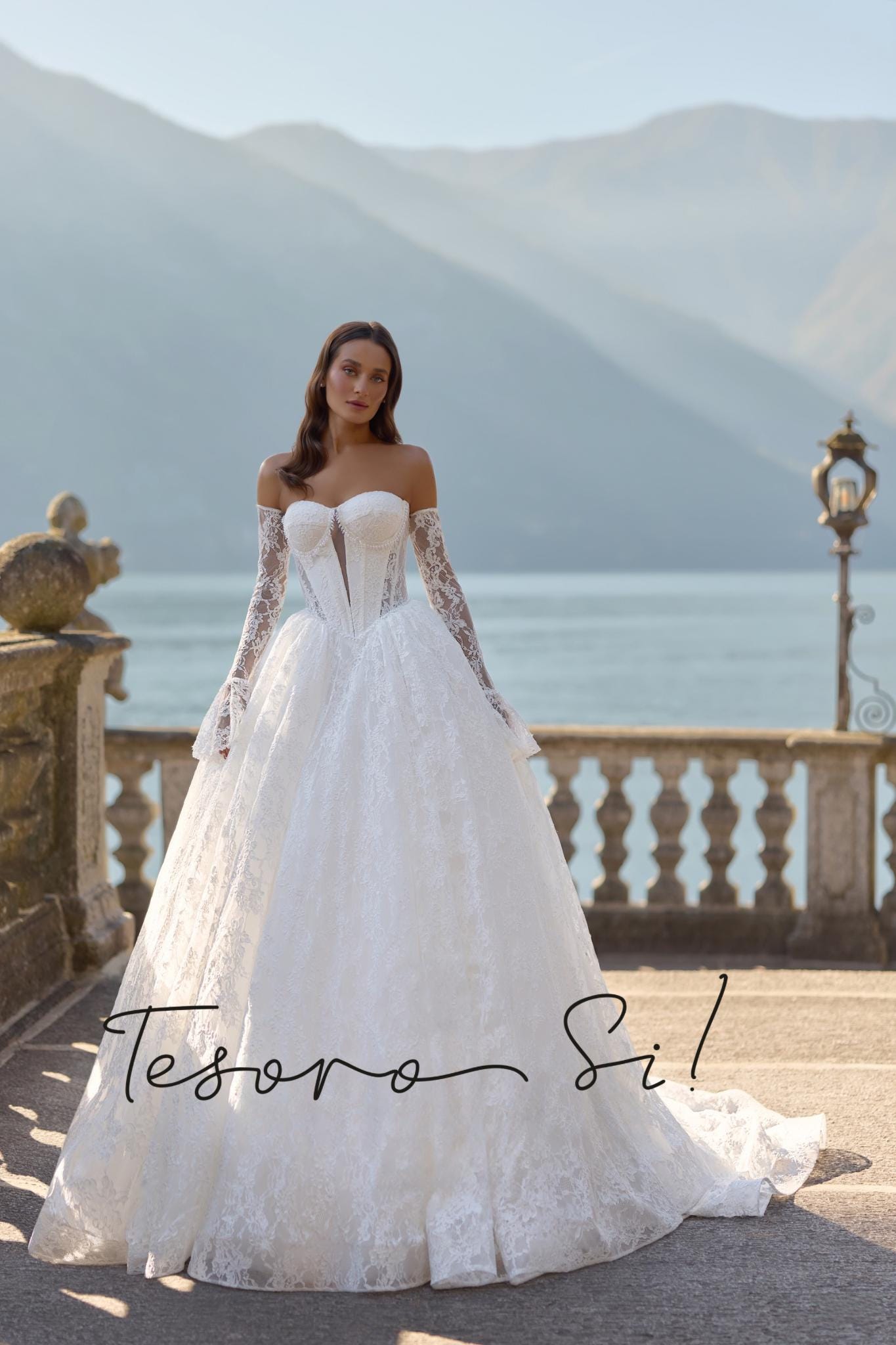 Chantilly Lace Wedding Dress • Princess Ball Gown Bridal Dress • Off Shoulder Corset Gown • Basque Waist Wedding Gown with Sleeves