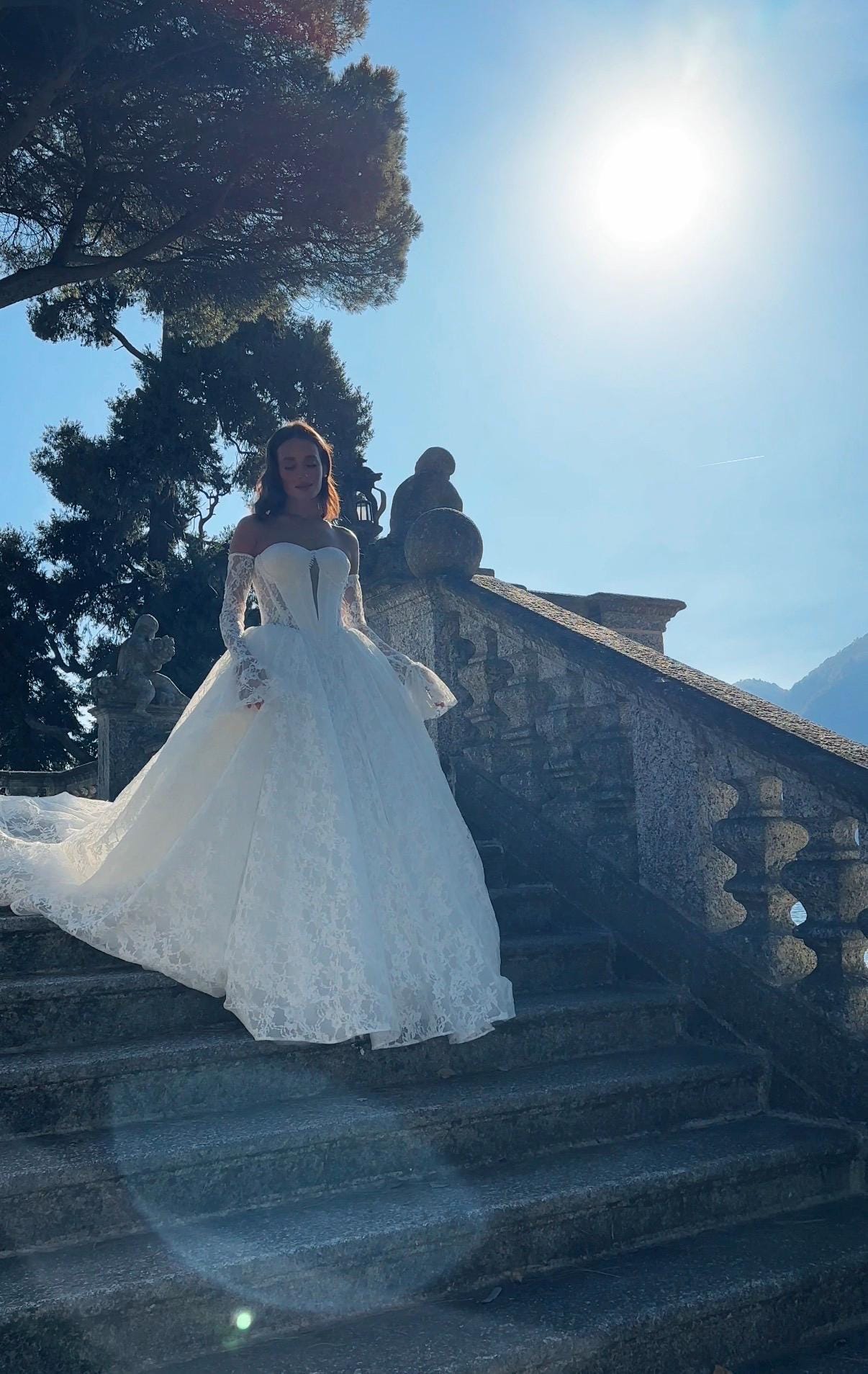 Chantilly Lace Wedding Dress • Princess Ball Gown Bridal Dress • Off Shoulder Corset Gown • Basque Waist Wedding Gown with Sleeves