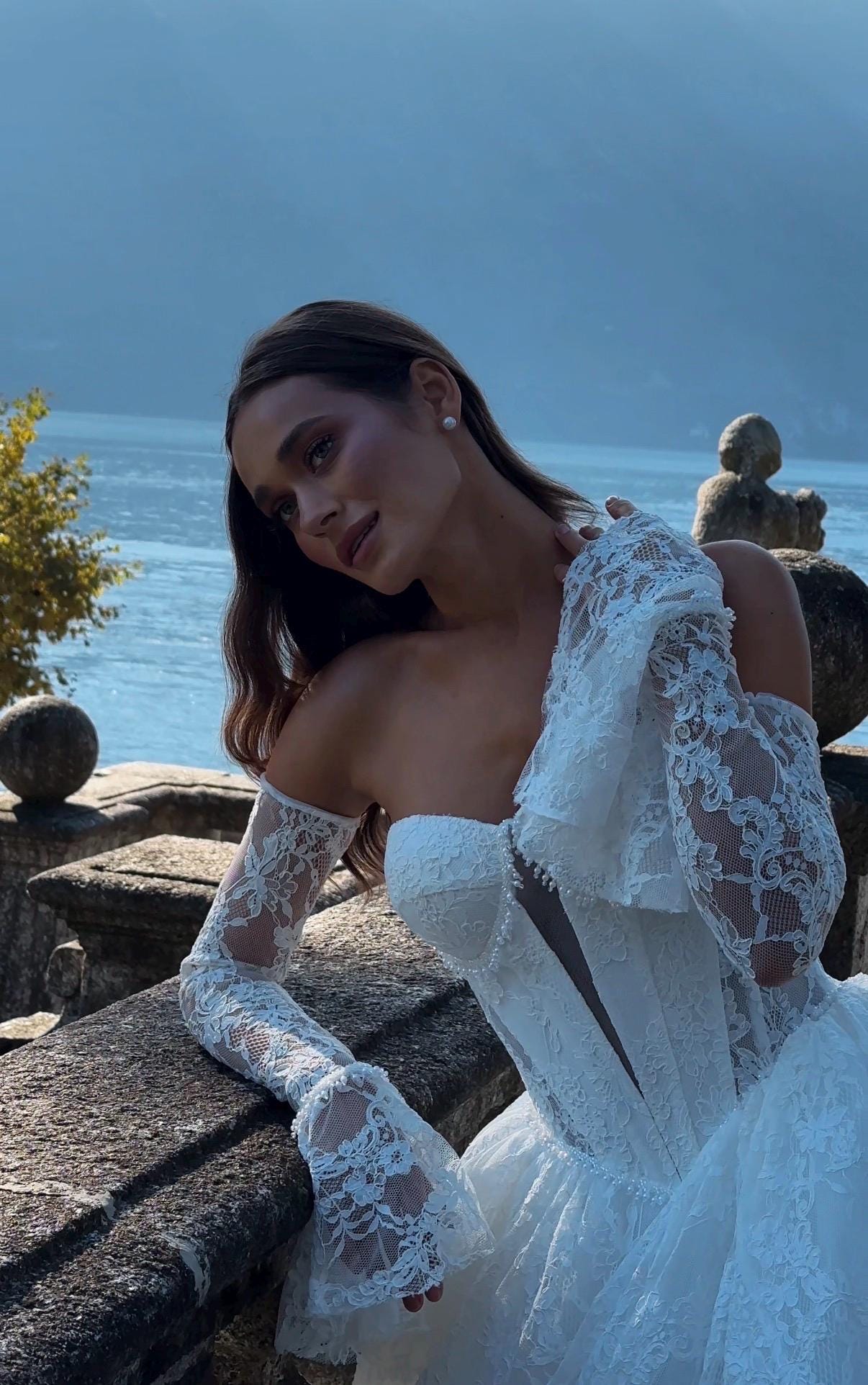 Chantilly Lace Wedding Dress • Princess Ball Gown Bridal Dress • Off Shoulder Corset Gown • Basque Waist Wedding Gown with Sleeves