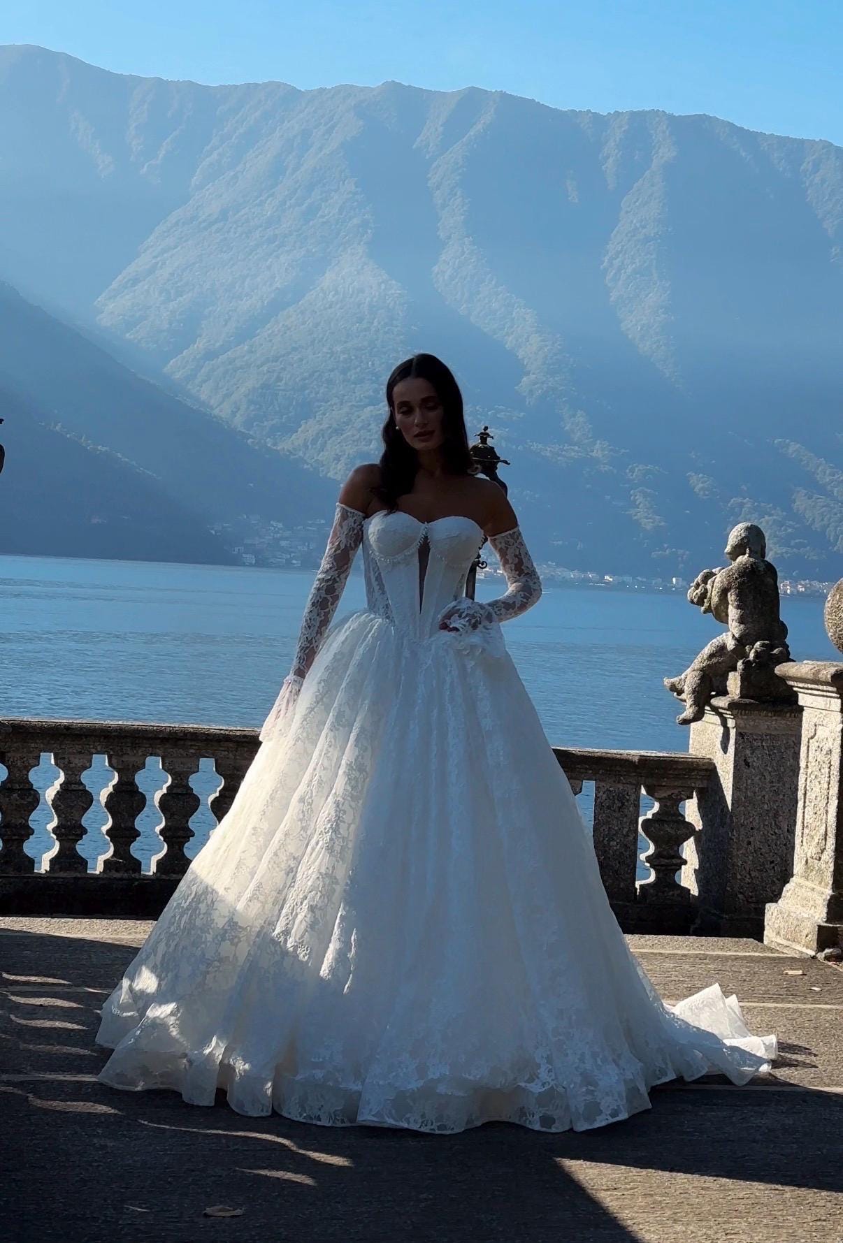 Chantilly Lace Wedding Dress • Princess Ball Gown Bridal Dress • Off Shoulder Corset Gown • Basque Waist Wedding Gown with Sleeves