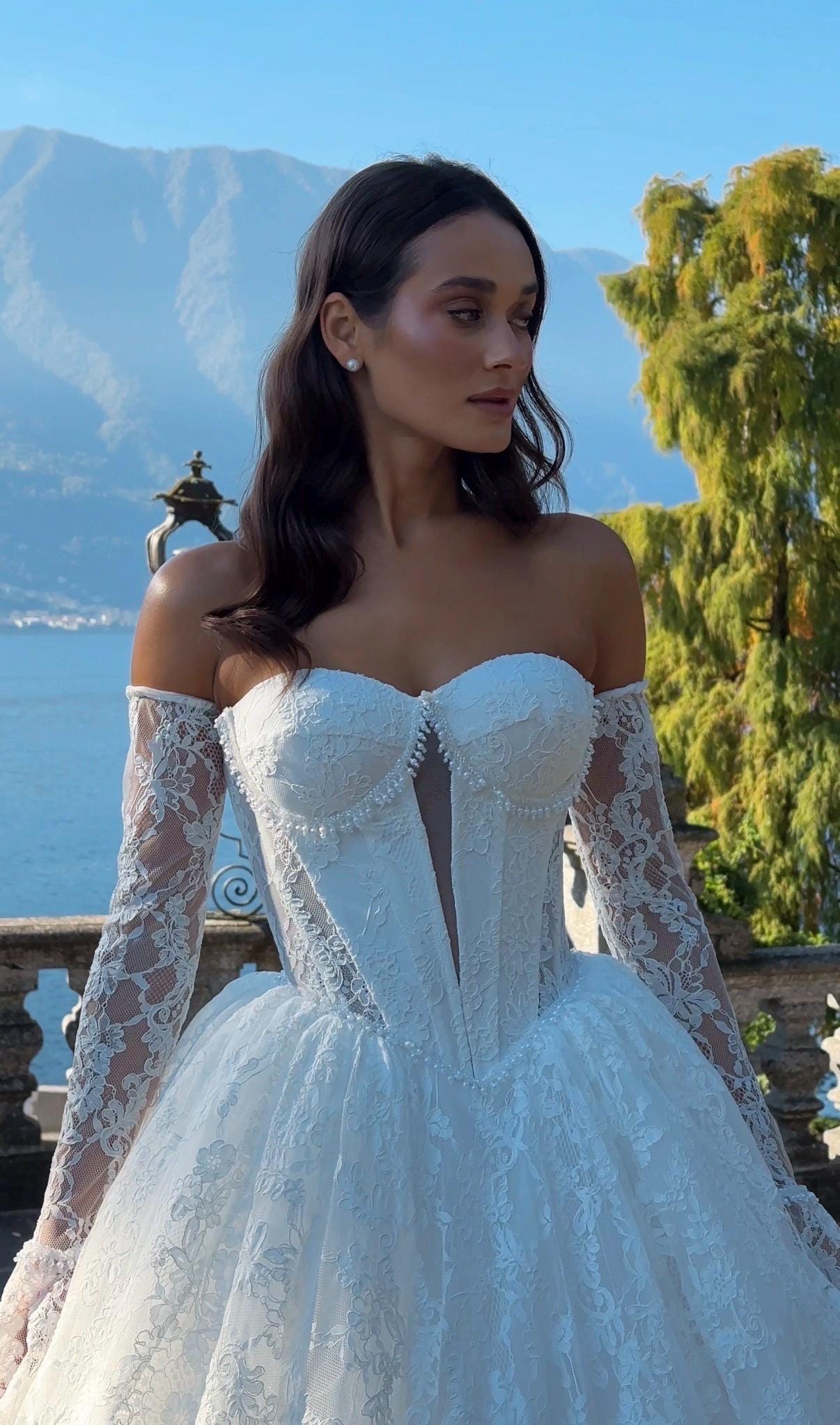 Chantilly Lace Wedding Dress • Princess Ball Gown Bridal Dress • Off Shoulder Corset Gown • Basque Waist Wedding Gown with Sleeves