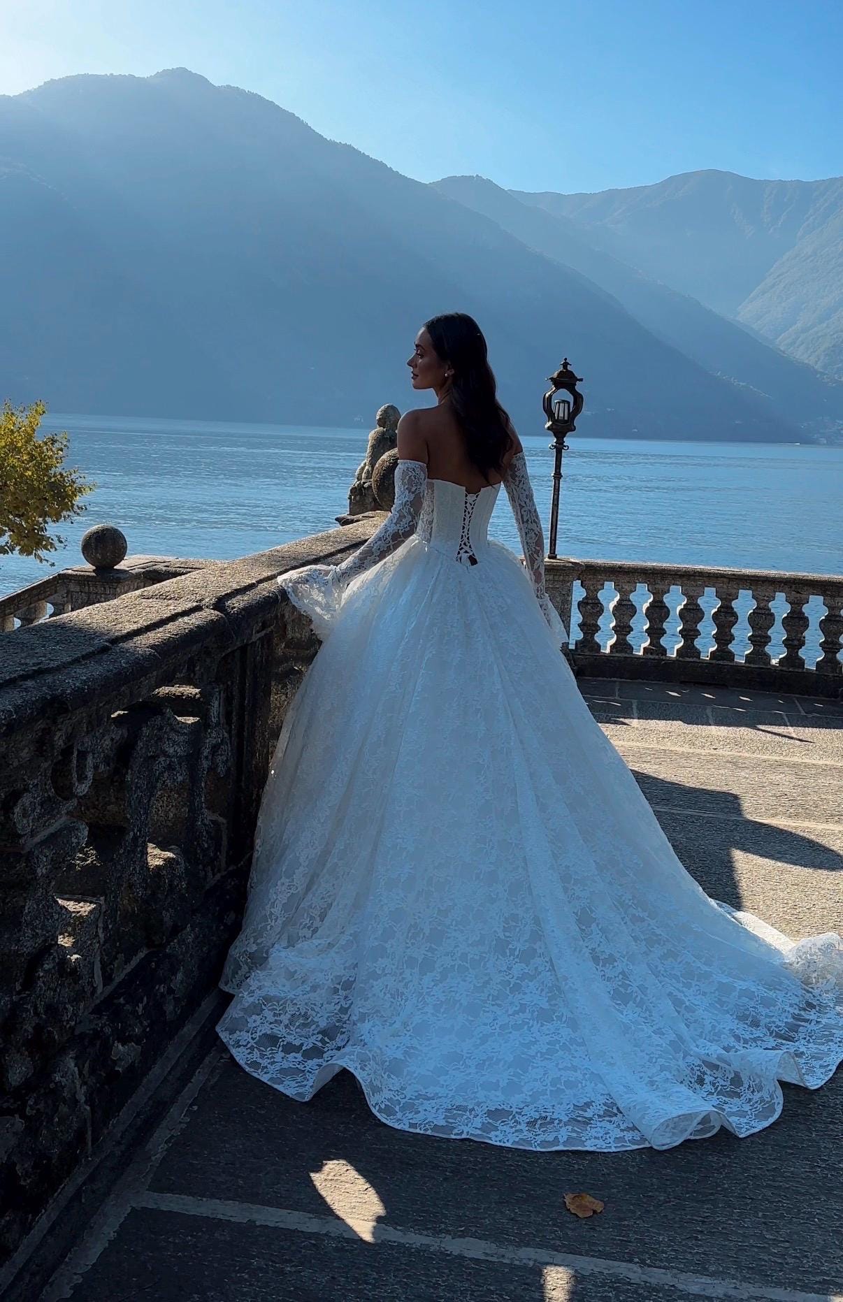 Chantilly Lace Wedding Dress • Princess Ball Gown Bridal Dress • Off Shoulder Corset Gown • Basque Waist Wedding Gown with Sleeves