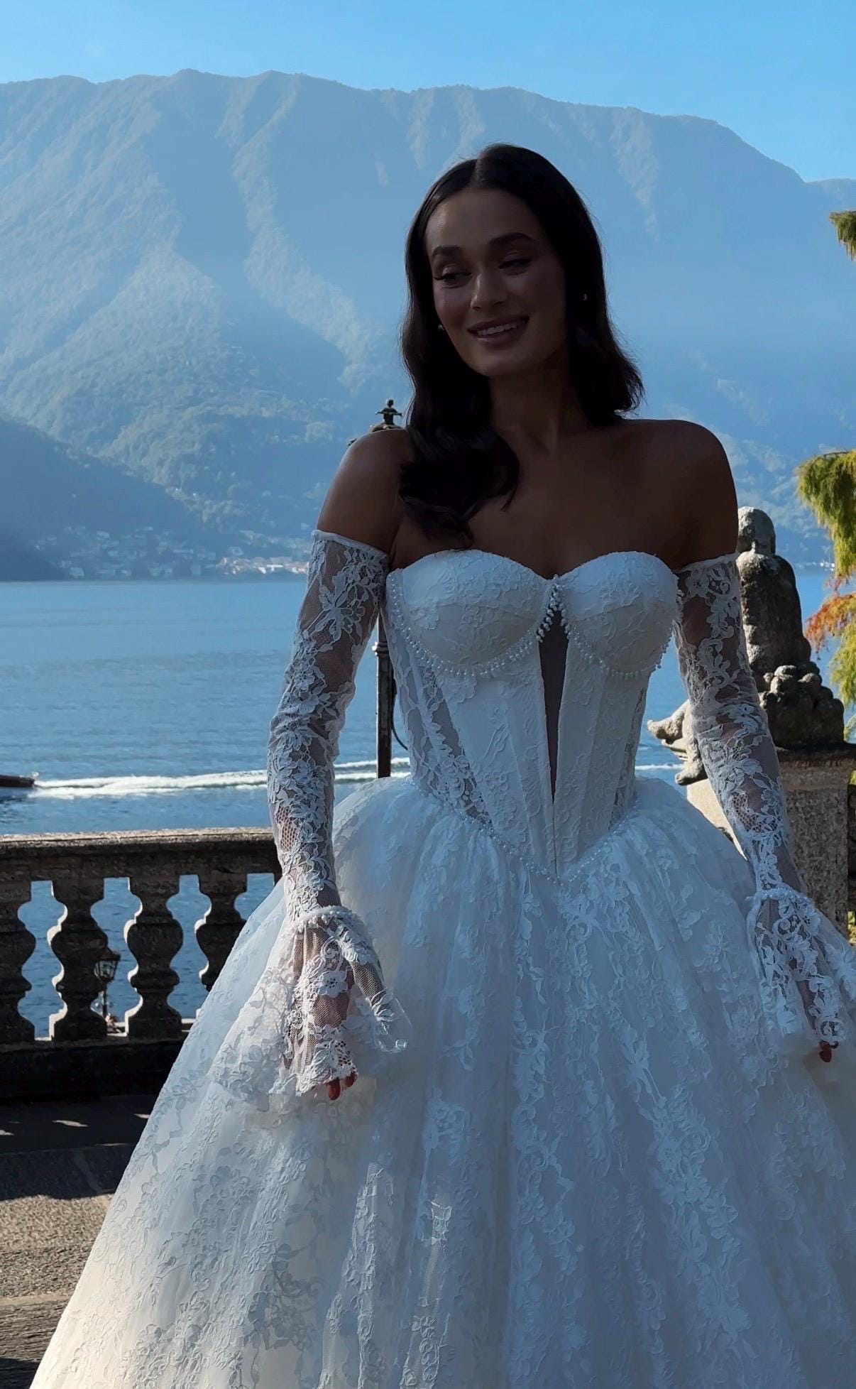 Chantilly Lace Wedding Dress • Princess Ball Gown Bridal Dress • Off Shoulder Corset Gown • Basque Waist Wedding Gown with Sleeves