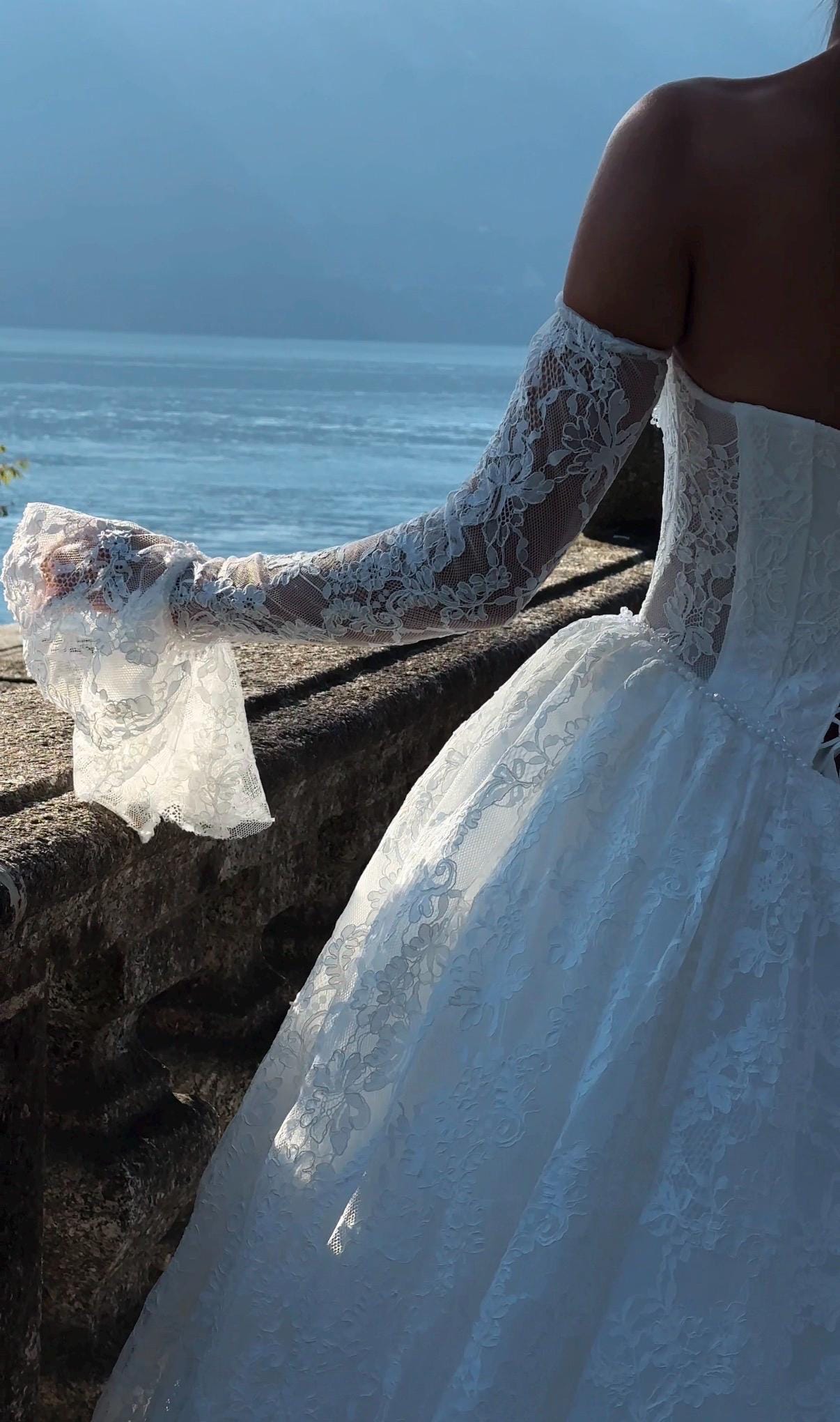 Chantilly Lace Wedding Dress • Princess Ball Gown Bridal Dress • Off Shoulder Corset Gown • Basque Waist Wedding Gown with Sleeves