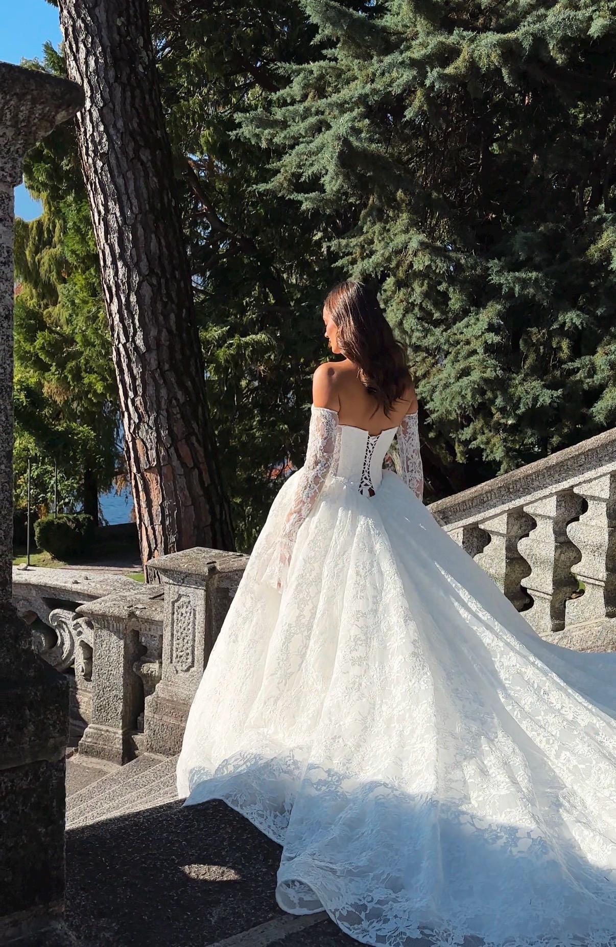 Chantilly Lace Wedding Dress • Princess Ball Gown Bridal Dress • Off Shoulder Corset Gown • Basque Waist Wedding Gown with Sleeves