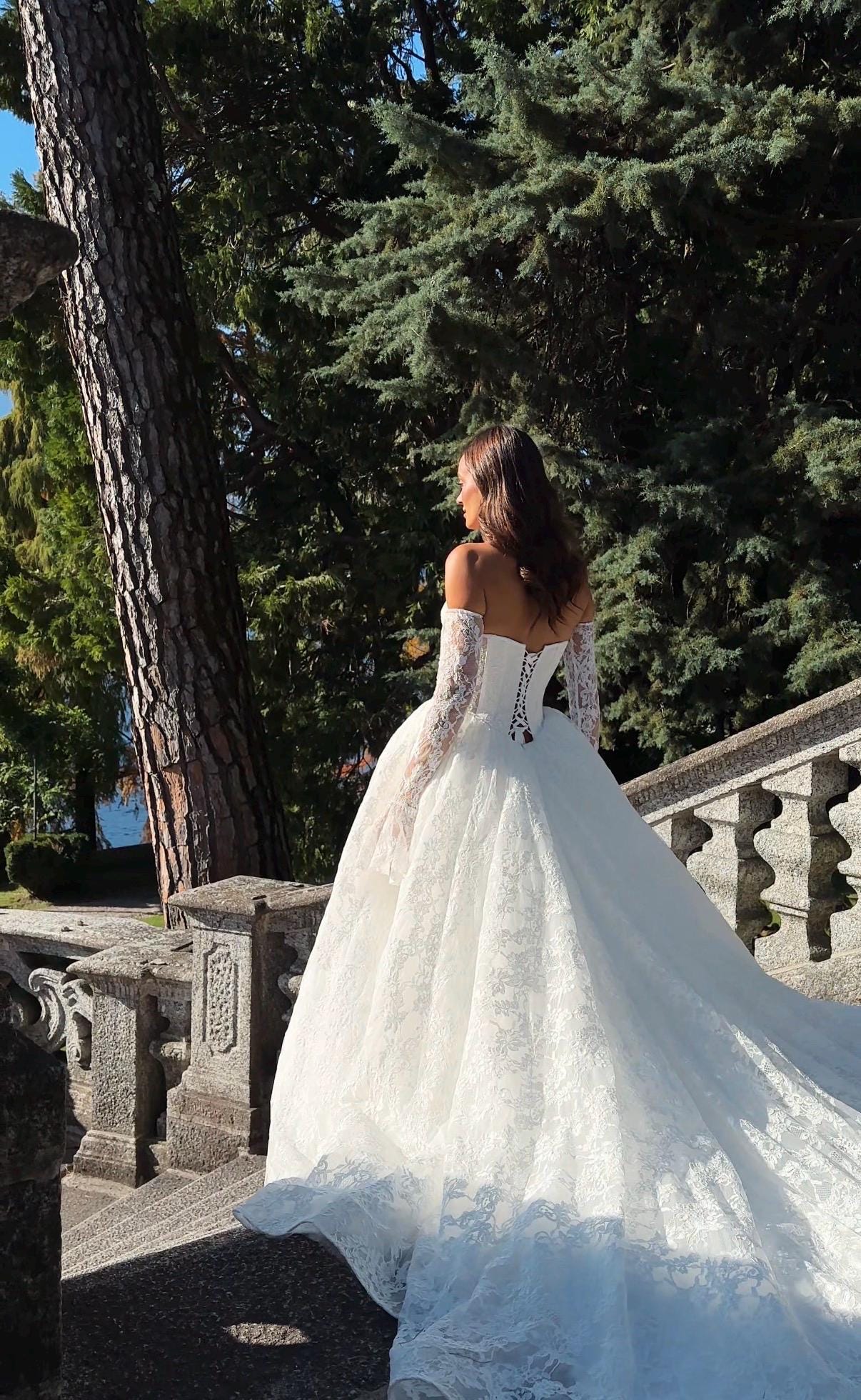 Chantilly Lace Wedding Dress • Princess Ball Gown Bridal Dress • Off Shoulder Corset Gown • Basque Waist Wedding Gown with Sleeves
