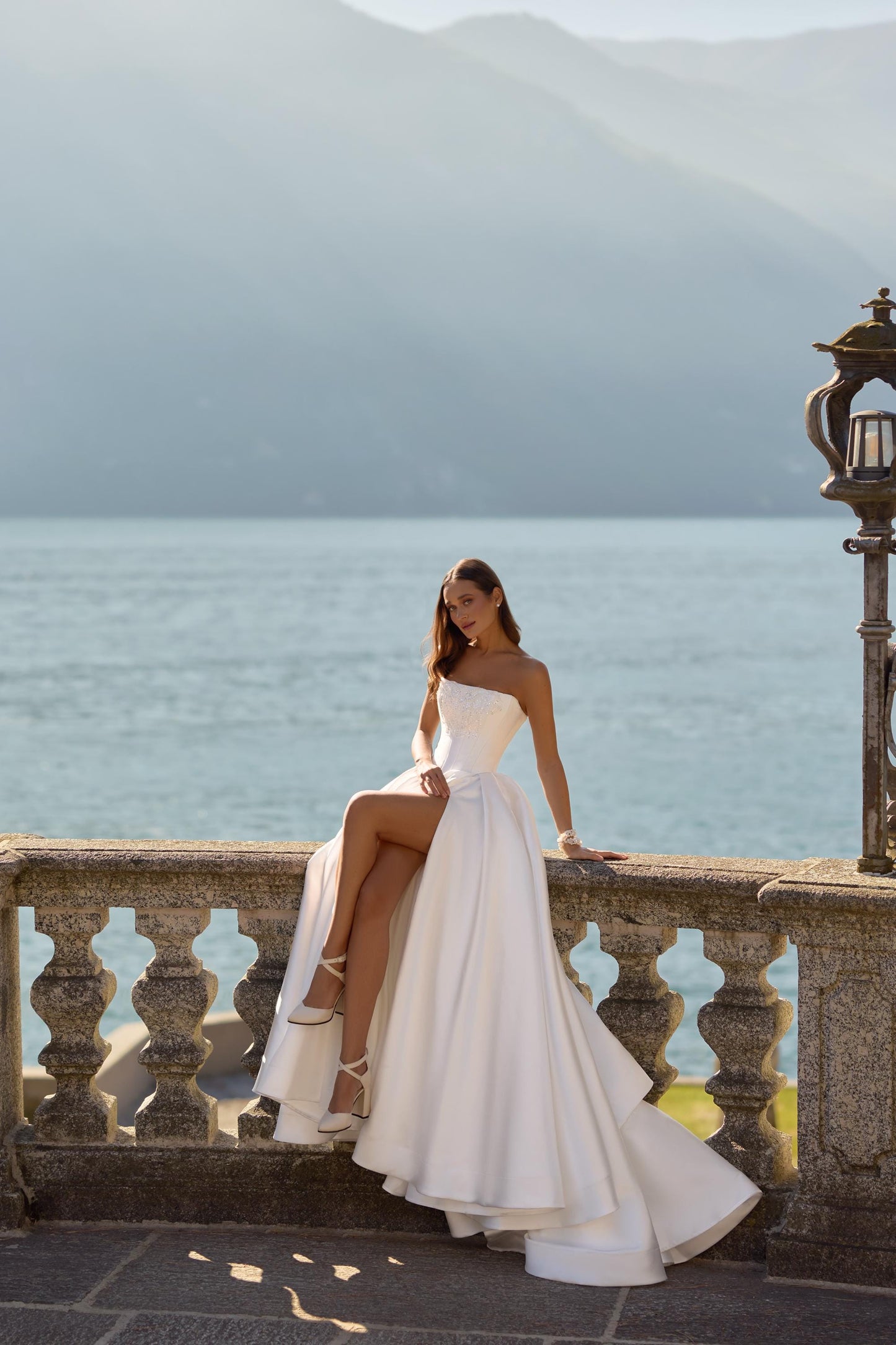 Strapless Wedding Dress With High Slit Minimal Satin Bridal Gown Corset Bodice Modern Elegant Bride