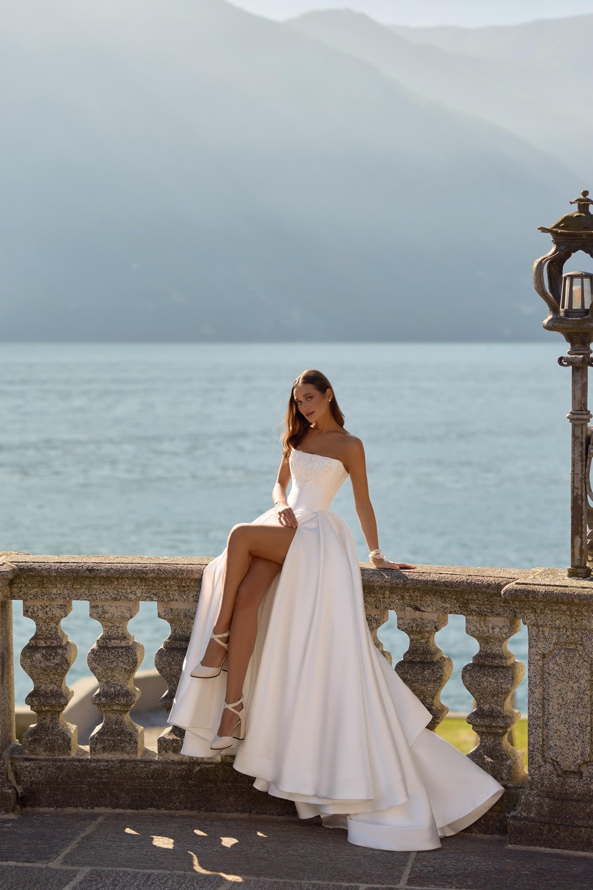 Strapless Wedding Dress With High Slit Minimal Satin Bridal Gown Corset Bodice Modern Elegant Bride