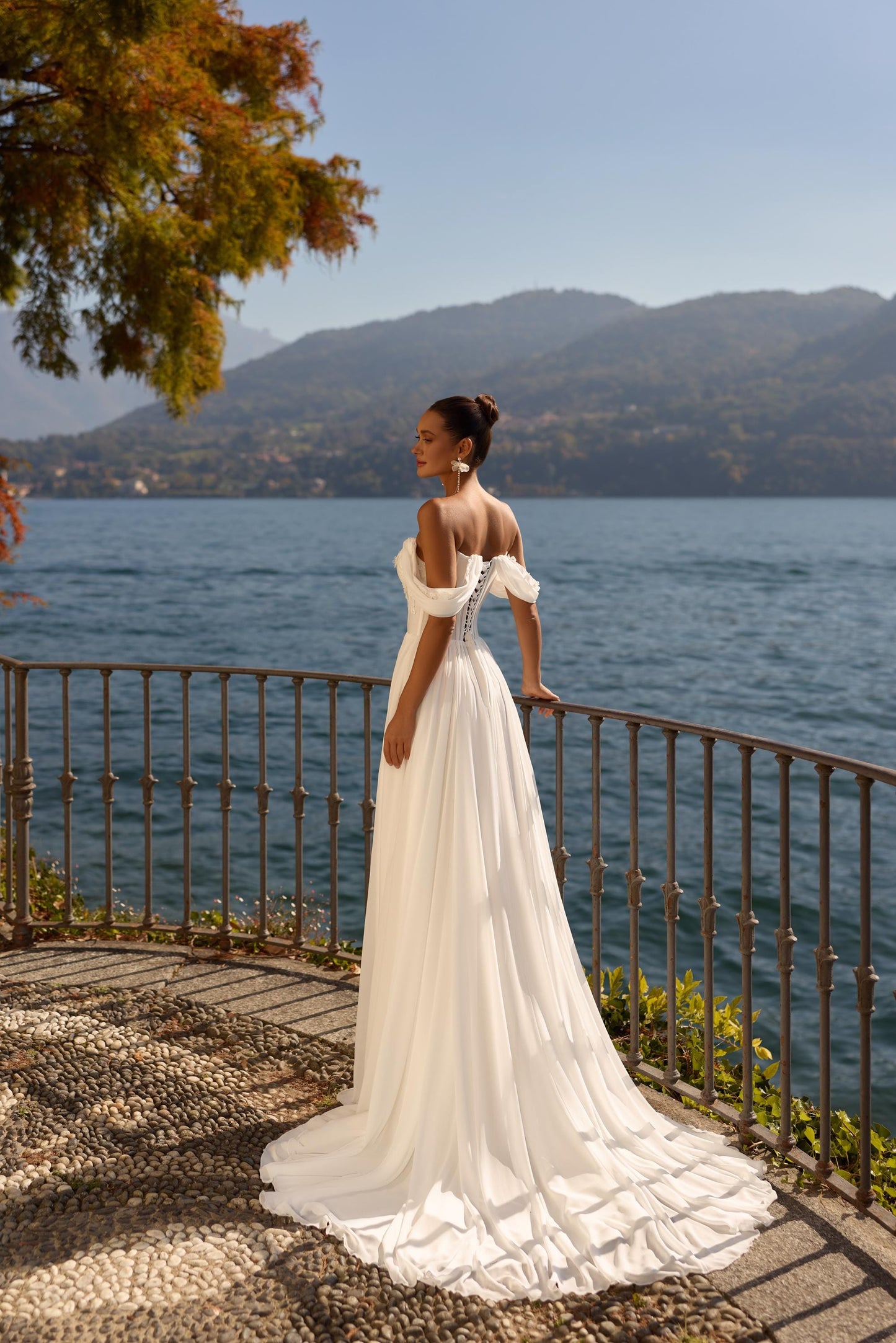 Chiffon Wedding Dress Off Shoulder Bridal Gown Corset Bodice Slit Skirt Modern Elegant Destination Wedding Dress