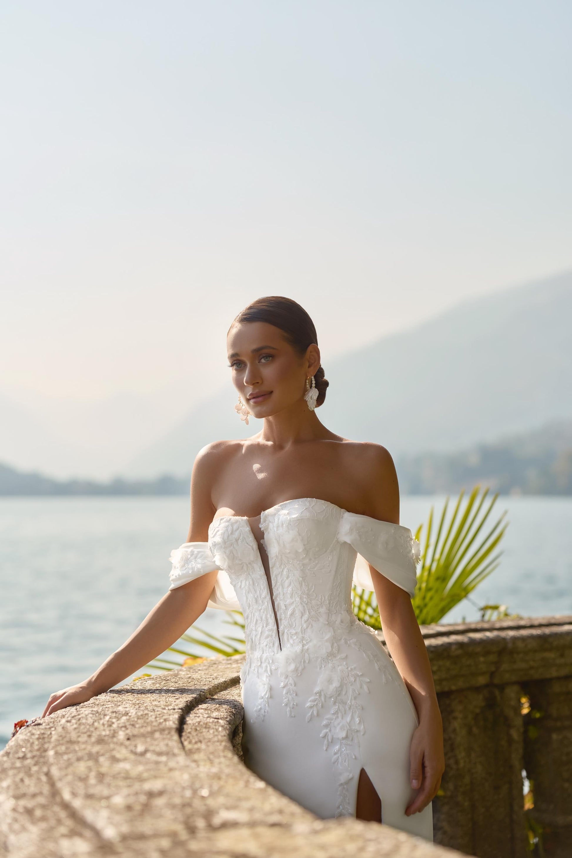 Crepe Wedding Dress Off Shoulder Corset Gown Mermaid Bridal Dress With Slit Elegant Modern Wedding Gown