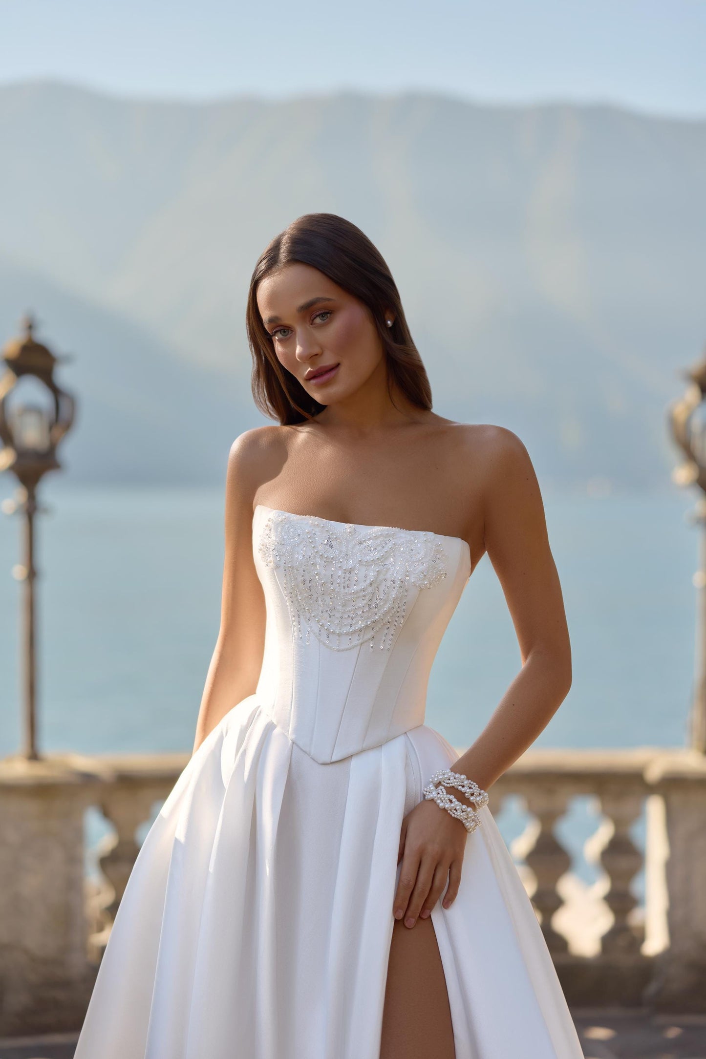 Strapless Wedding Dress With High Slit Minimal Satin Bridal Gown Corset Bodice Modern Elegant Bride