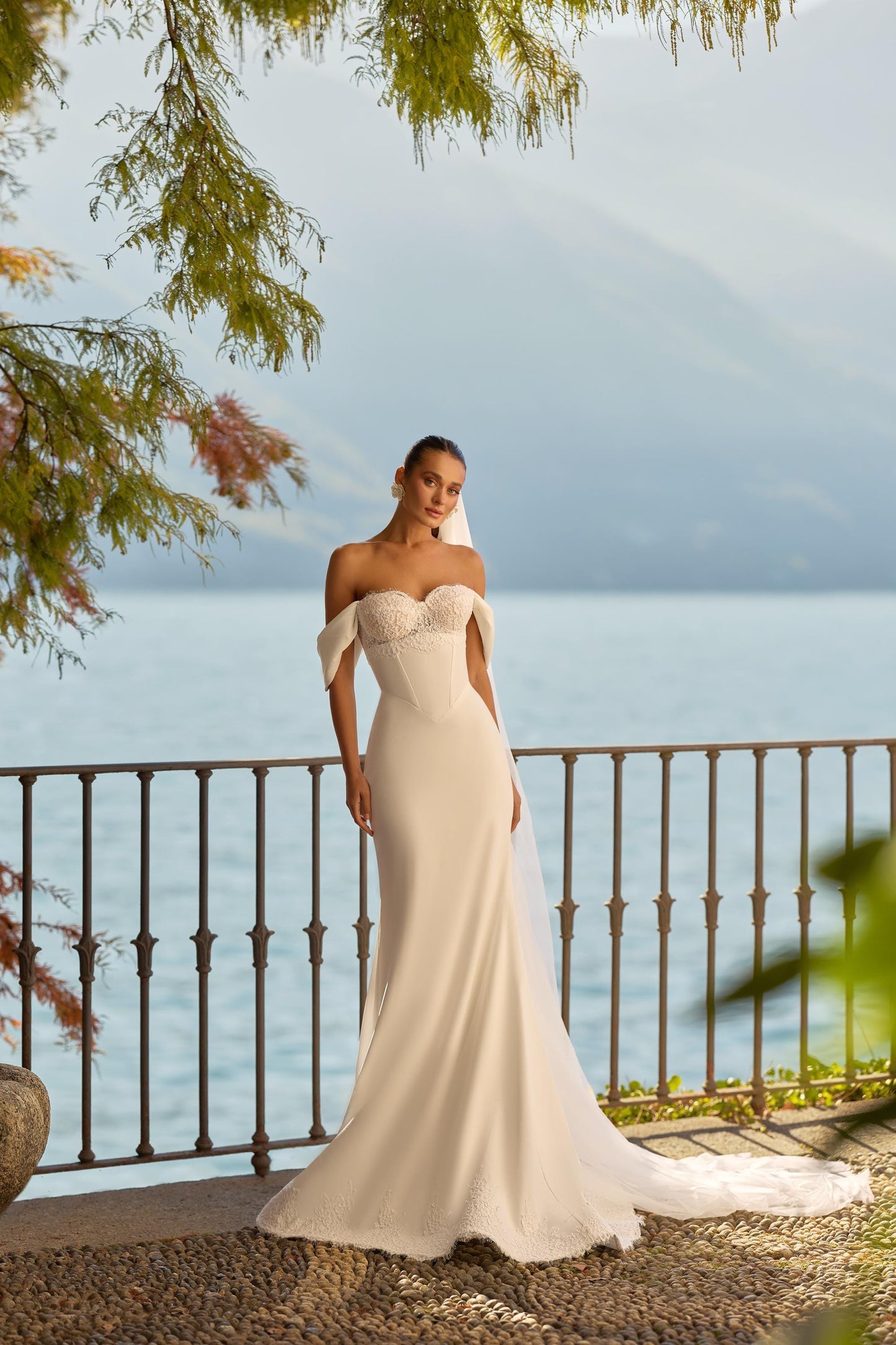 Strapless Wedding Dress with Off Shoulder Sleeves, Minimalist Bridal Gown with Corset Back, Elegant Modern Wedding Dress