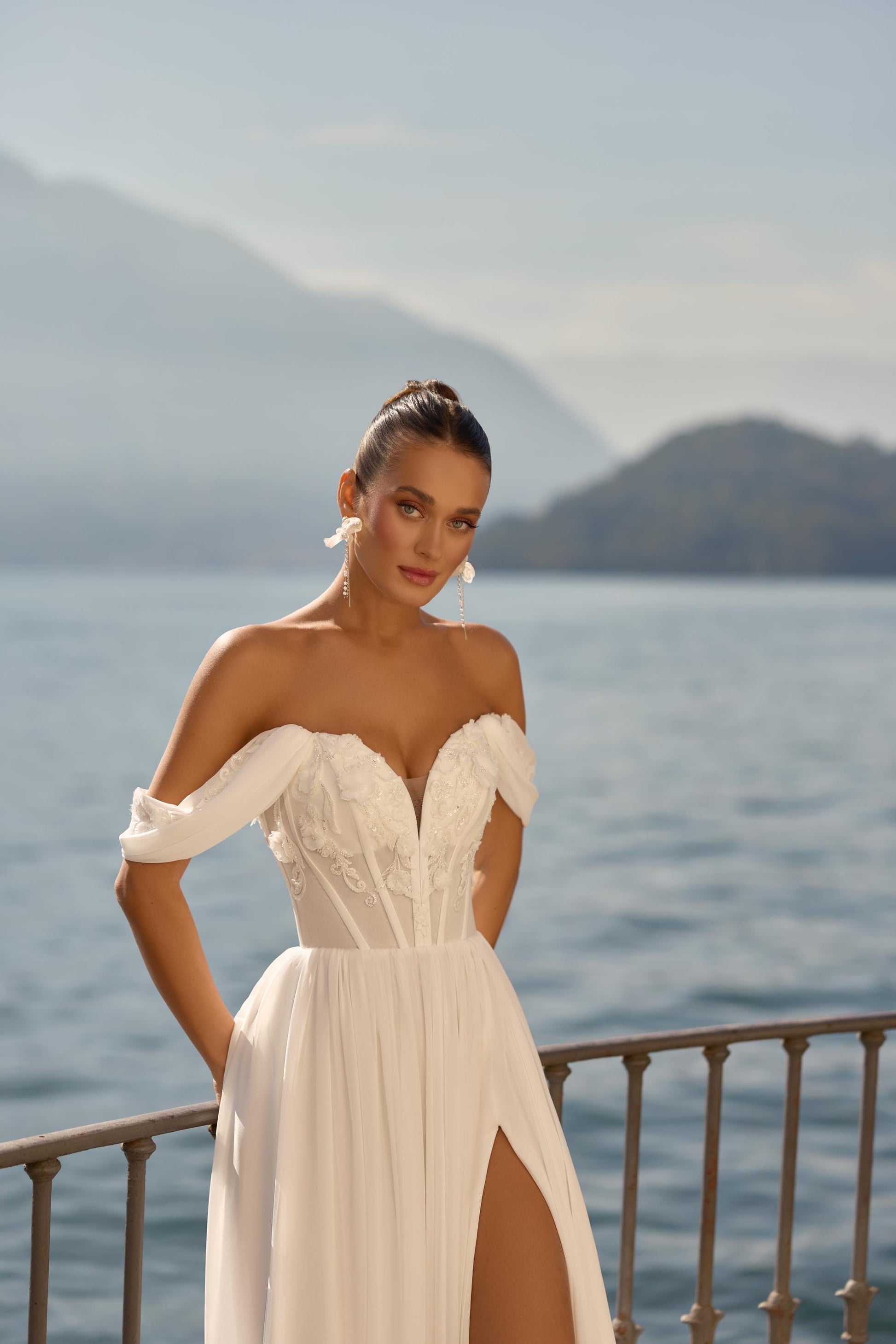 Chiffon Wedding Dress Off Shoulder Bridal Gown Corset Bodice Slit Skirt Modern Elegant Destination Wedding Dress