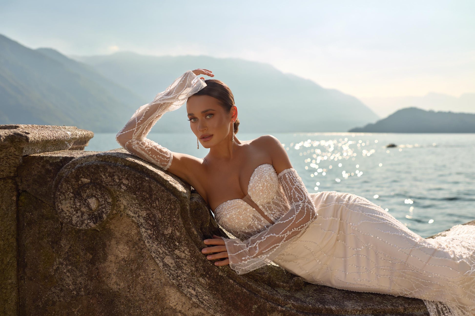 Wedding Dress Strapless Beaded Lace Gown with Long Sleeves Fitted Bridal Dress Elegant Modern Wedding Gown