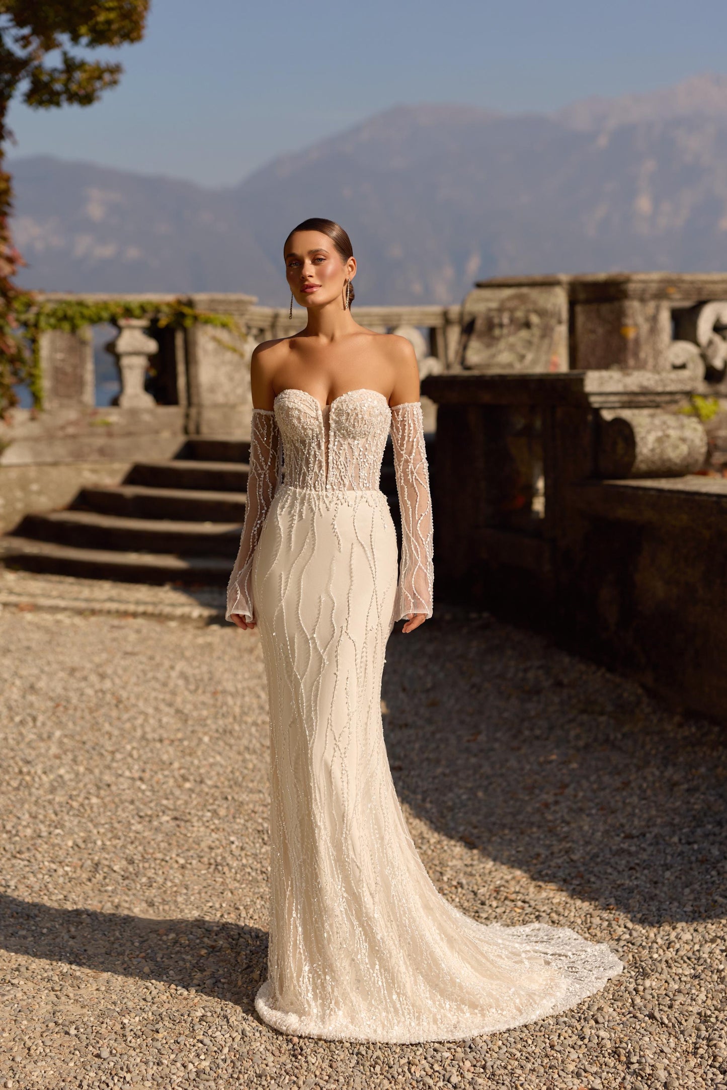 Wedding Dress Strapless Beaded Lace Gown with Long Sleeves Fitted Bridal Dress Elegant Modern Wedding Gown