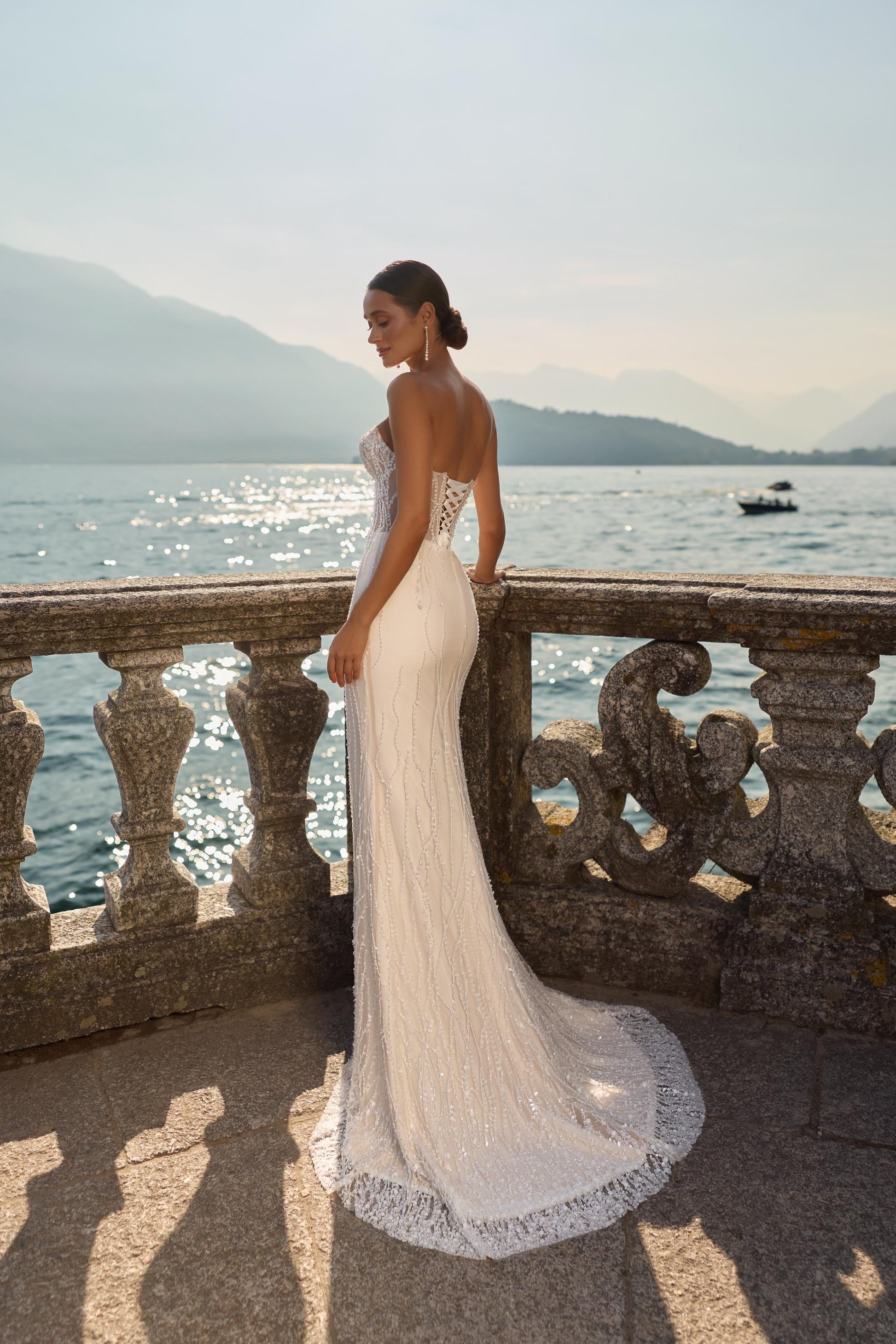 Wedding Dress Strapless Beaded Lace Gown with Long Sleeves Fitted Bridal Dress Elegant Modern Wedding Gown