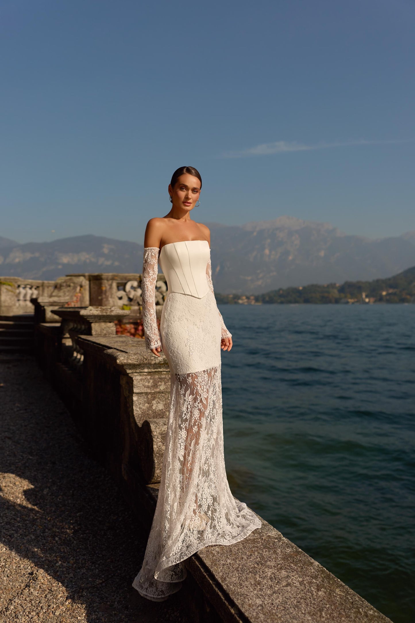 Short Wedding Dress Lace Strapless Bridal Gown Corset Lace Sleeves Mermaid Wedding Modern Dress n with lace skirt