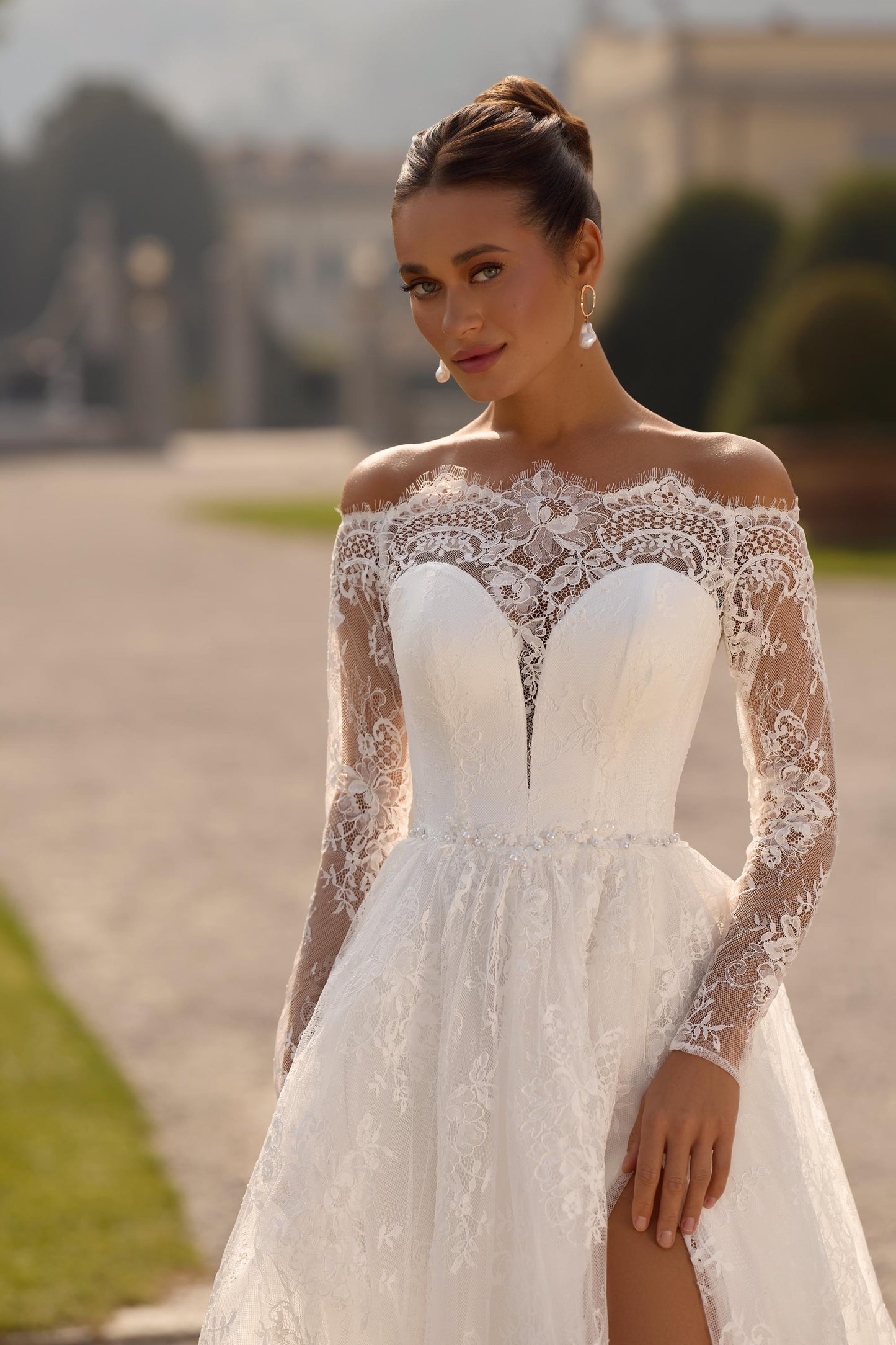 Lace Wedding Dress Off Shoulder Long Sleeve Bridal Gown A Line Romantic Wedding Dress With Slit Custom Made