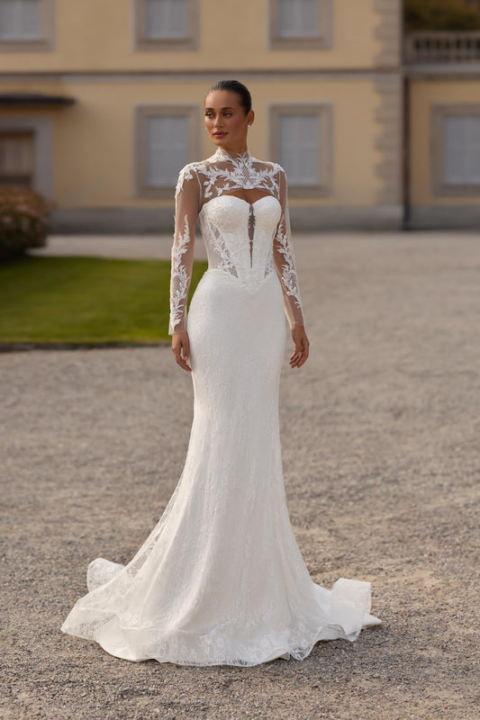 Wedding Dress Lace Long Sleeve Mermaid Gown Illusion Neckline Bridal Dress Elegant Fit and Flare Bridal Gown