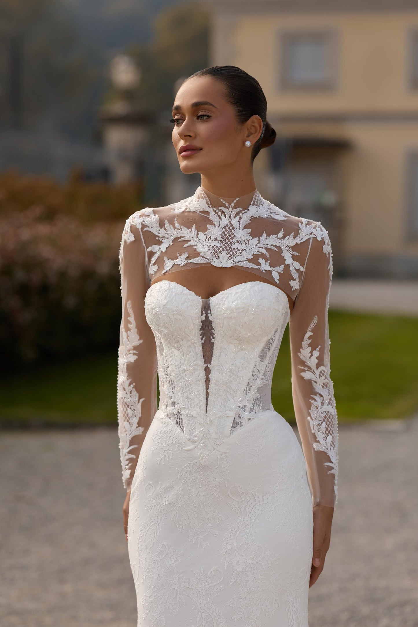 Wedding Dress Lace Long Sleeve Mermaid Gown Illusion Neckline Bridal Dress Elegant Fit and Flare Bridal Gown
