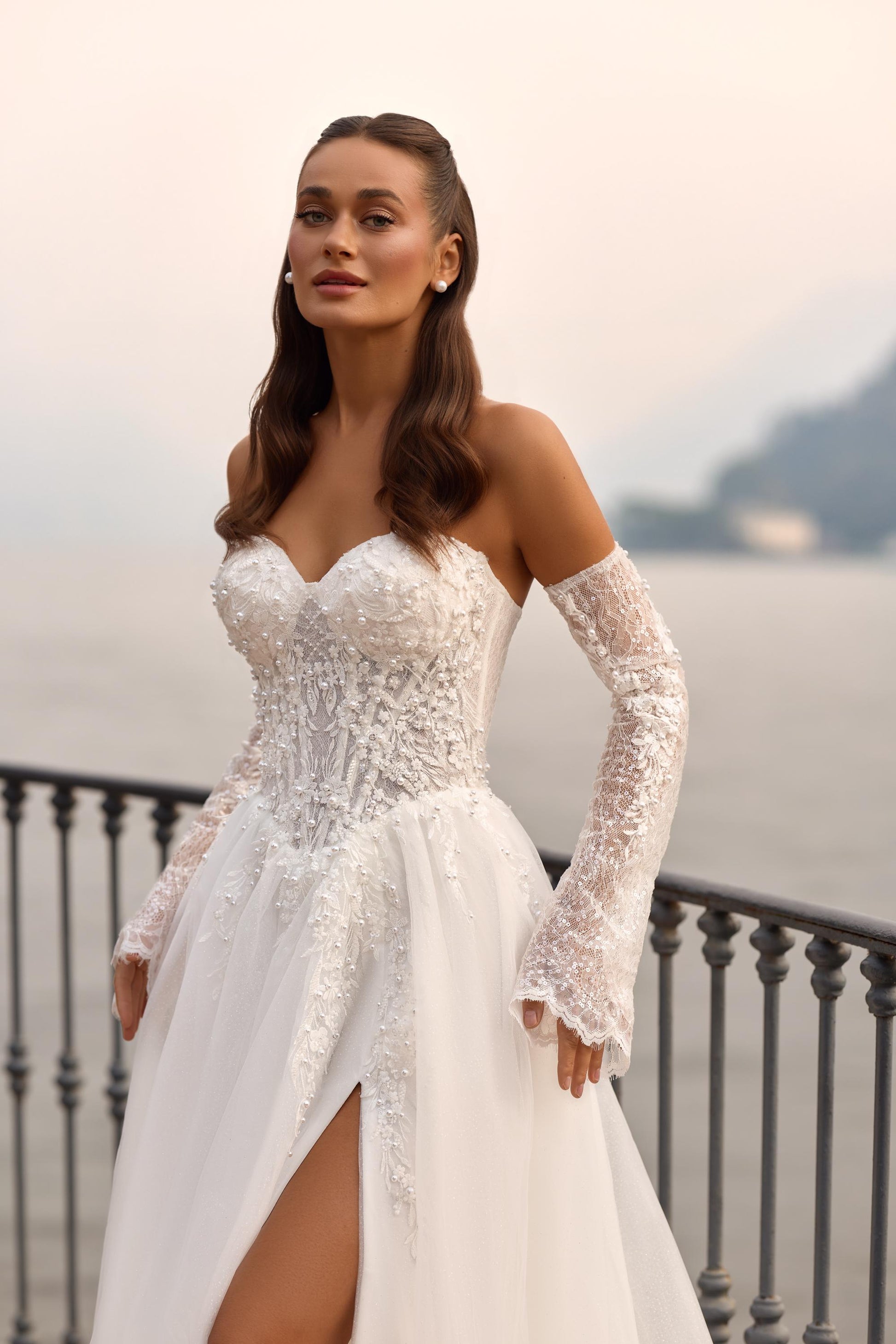 Wedding Dress Off Shoulder Lace Long Sleeves Bridal Gown Corset Bodice Tulle Skirt Slit Elegant Bride