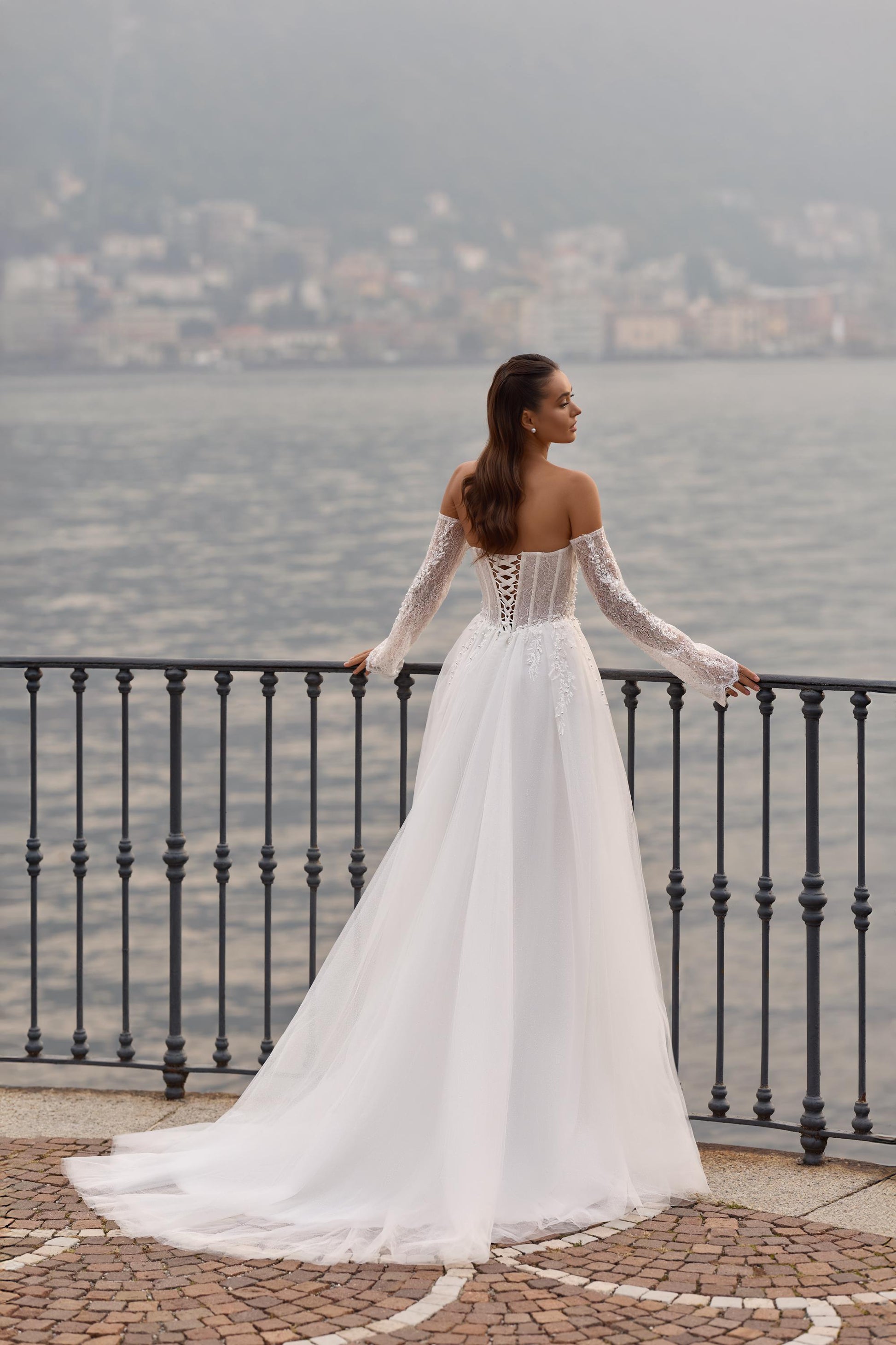 Wedding Dress Off Shoulder Lace Long Sleeves Bridal Gown Corset Bodice Tulle Skirt Slit Elegant Bride