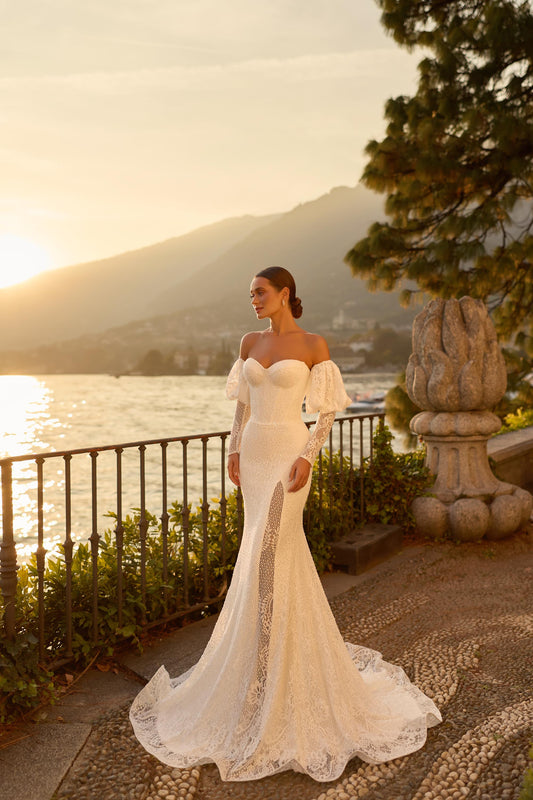 Wedding Dress Lace Mermaid Gown Off Shoulder Long Sleeves Bridal Dress Elegant Corset Back Slit Bridal Gown