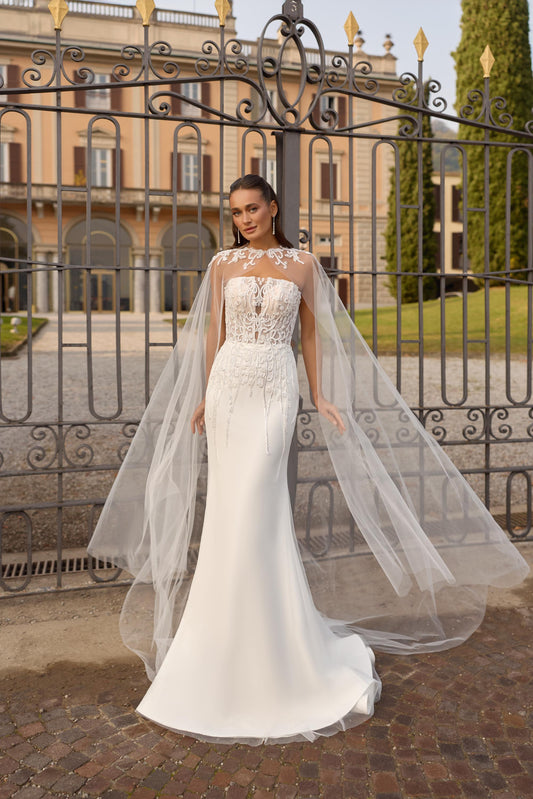 Wedding Dress Lace Corset Bridal Gown with Cape Veil Mermaid Wedding Gown Elegant Modern Bridal Dress
