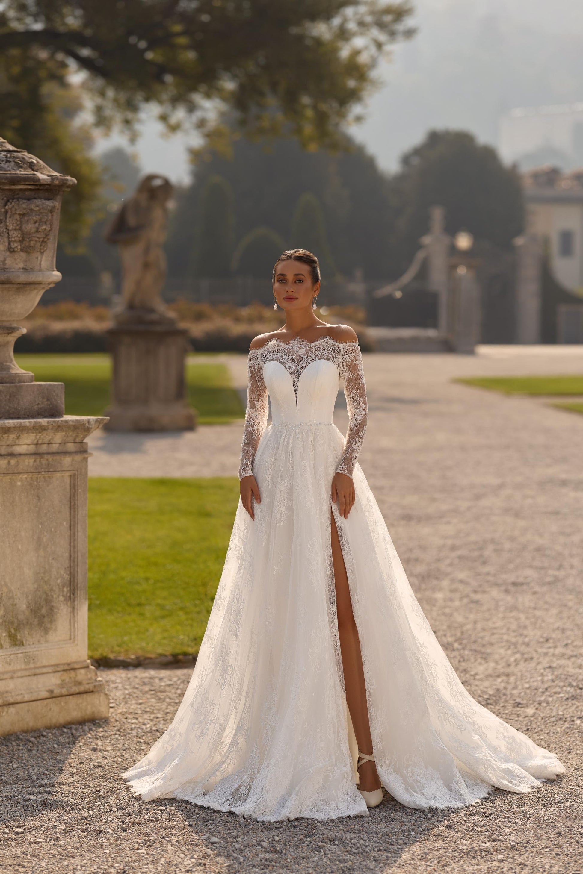 Lace Wedding Dress Off Shoulder Long Sleeve Bridal Gown A Line Romantic Wedding Dress With Slit Custom Made