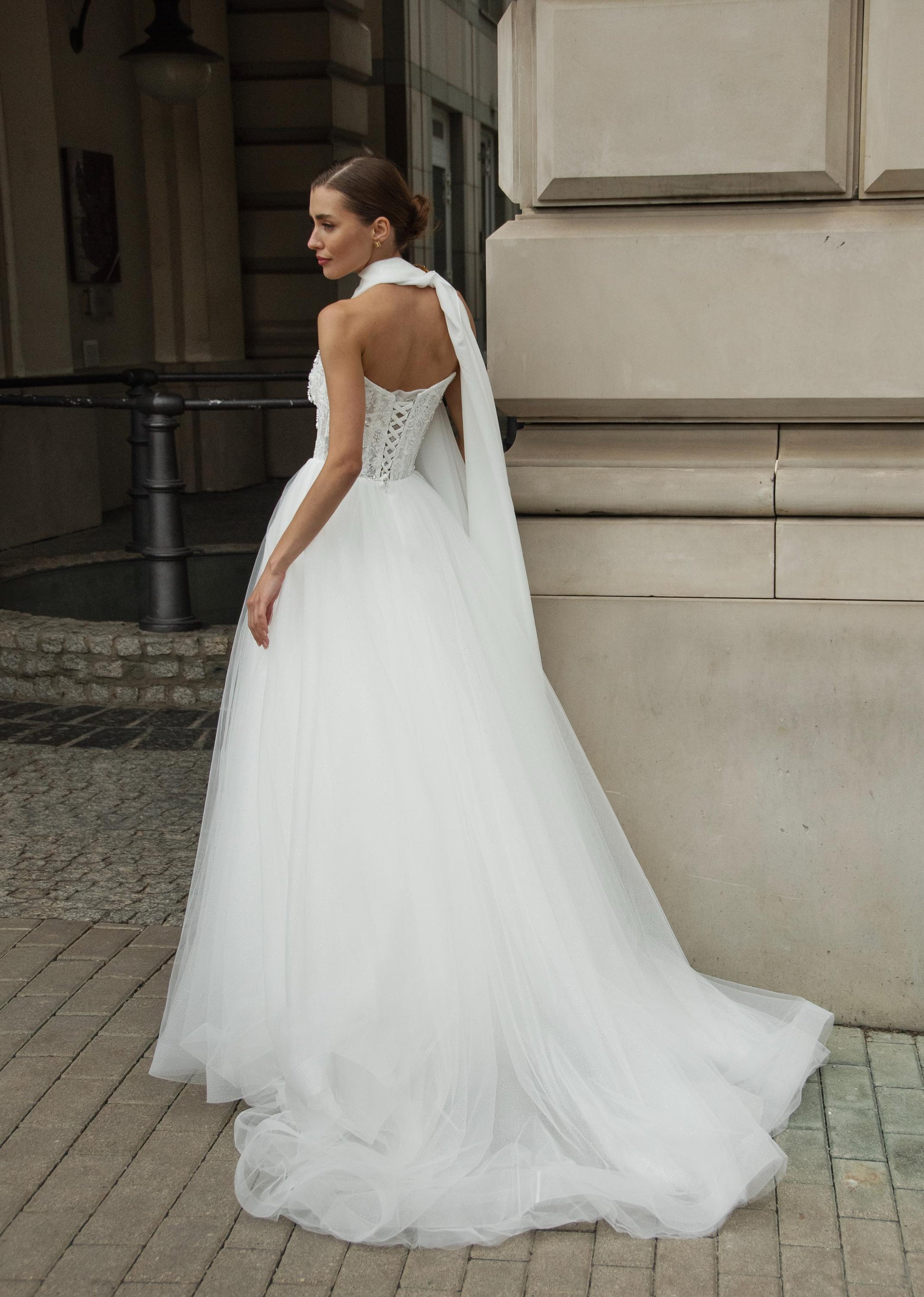 Strapless Lace Corset Wedding Dress with Tulle A Line Skirt, Bridal Gown with Scarf Detail, Romantic Princess Bride Look