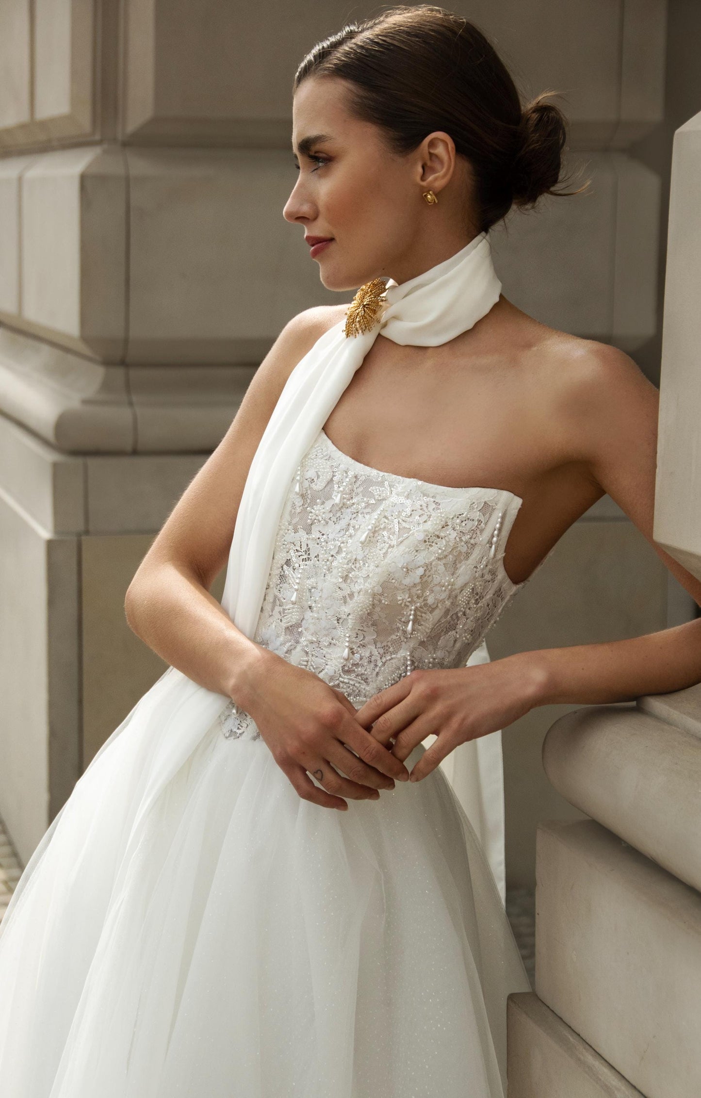 Strapless Lace Corset Wedding Dress with Tulle A Line Skirt, Bridal Gown with Scarf Detail, Romantic Princess Bride Look