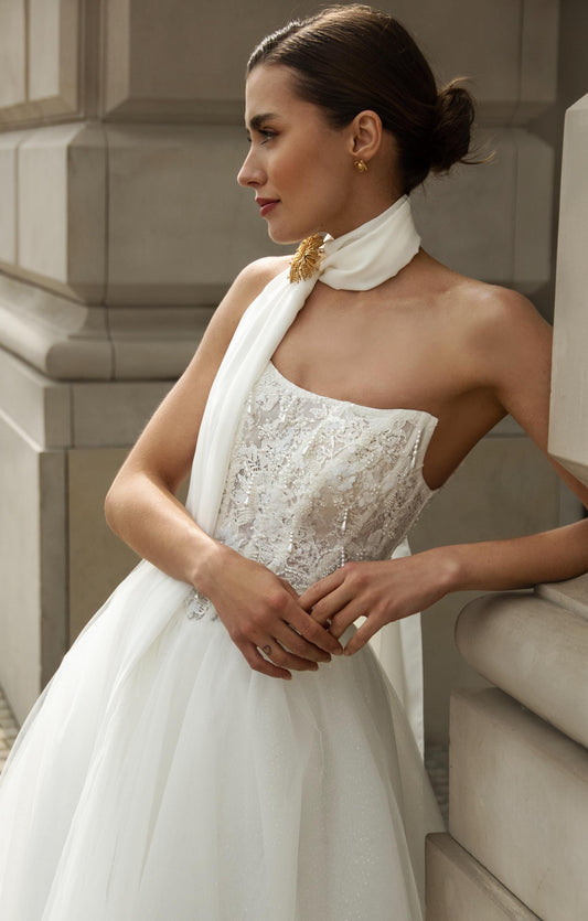 Strapless Lace Corset Wedding Dress with Tulle A Line Skirt, Bridal Gown with Scarf Detail, Romantic Princess Bride Look