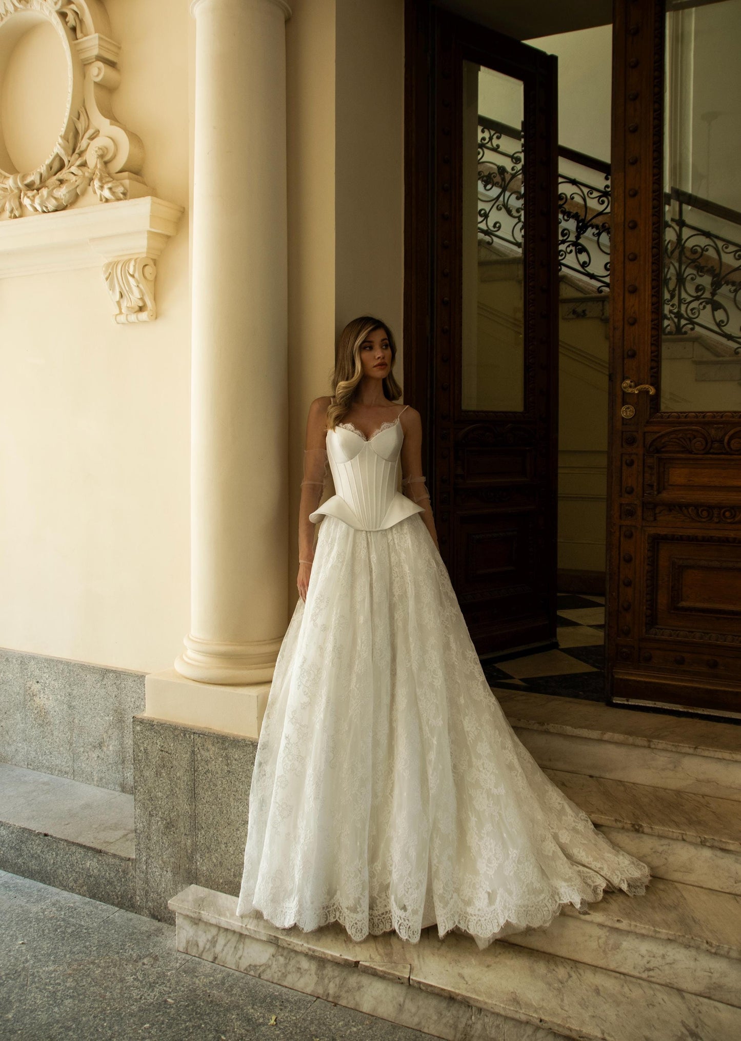 Lace Corset Wedding Dress with Detachable Overskirt, A-Line Bridal Gown, Romantic Lace Train, Modern Princess Bridal Look