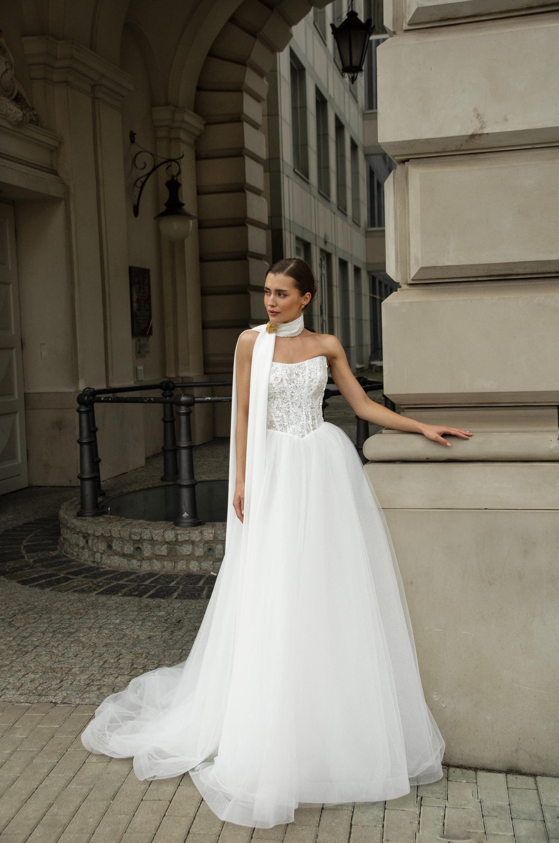 Strapless Lace Corset Wedding Dress with Tulle A Line Skirt, Bridal Gown with Scarf Detail, Romantic Princess Bride Look