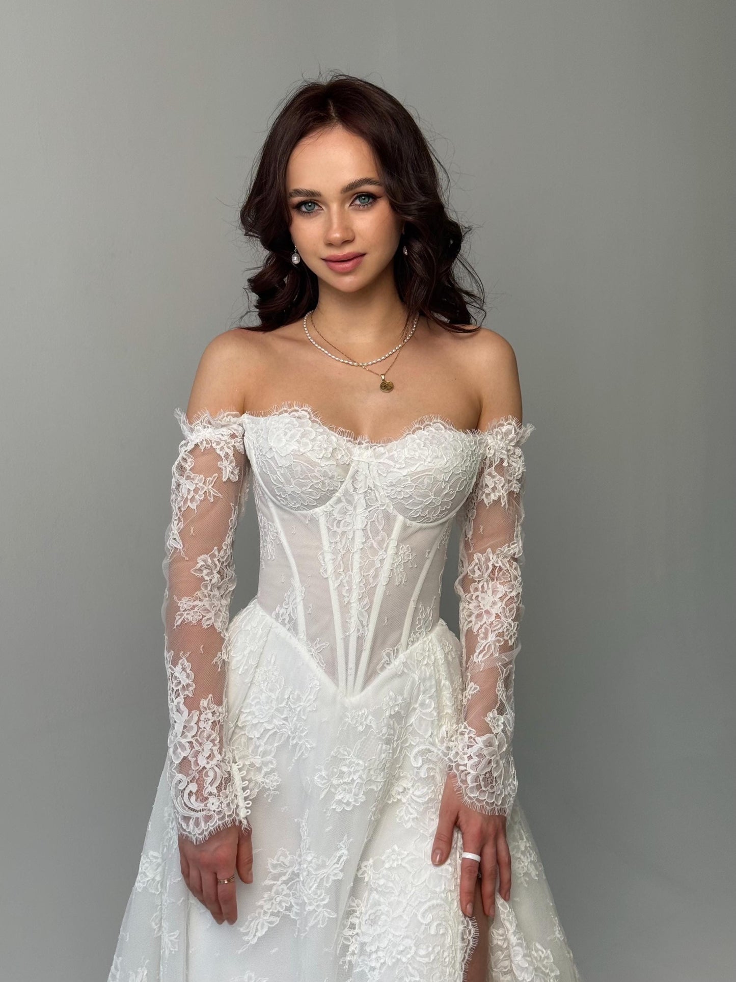 Elegant Off-Shoulder white Bridal Gown with Delicate Lace, Timeless column Wedding Dress with Corset Back and Long lace Sleeves a-line dress