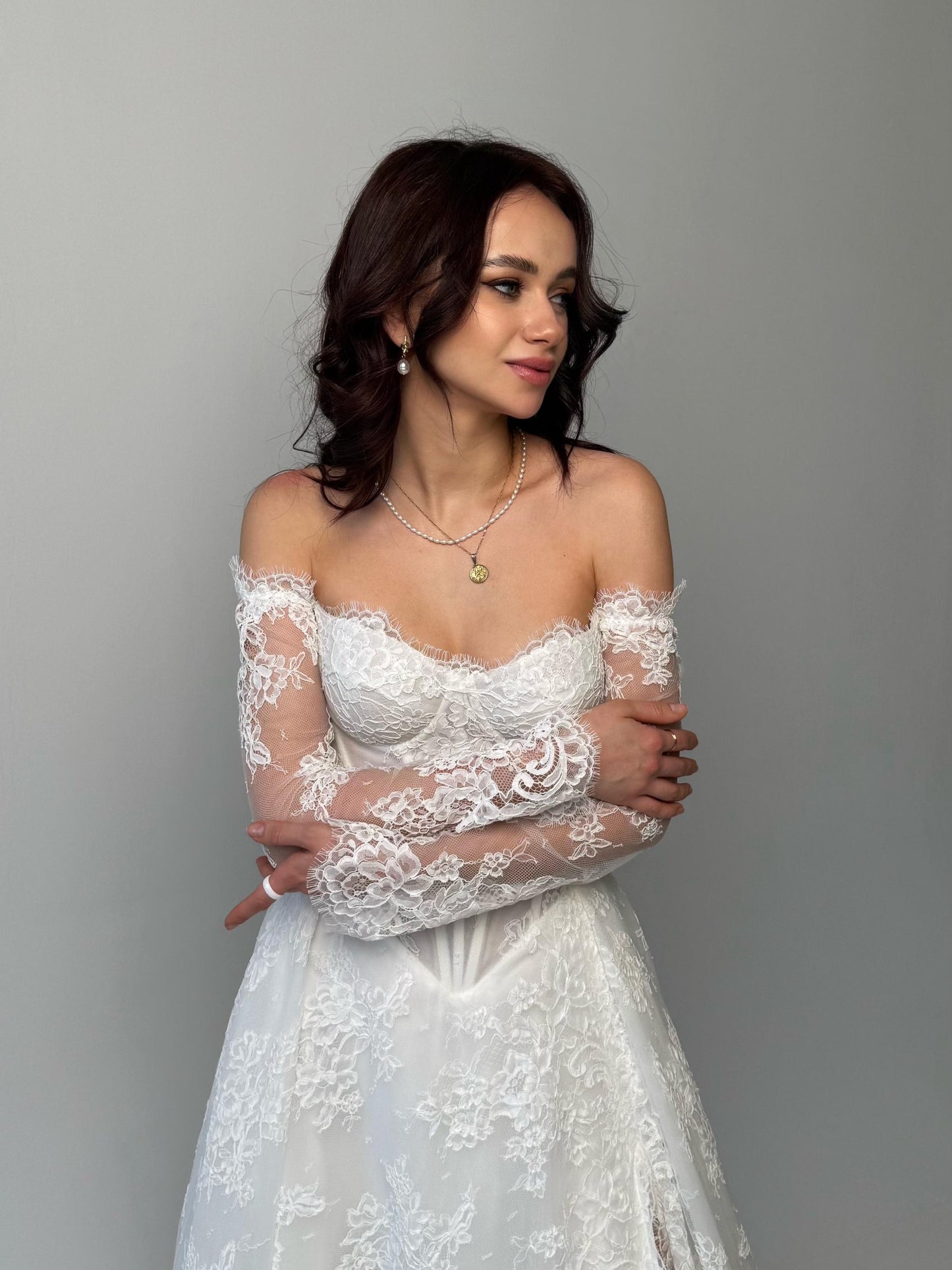 Elegant Off-Shoulder white Bridal Gown with Delicate Lace, Timeless column Wedding Dress with Corset Back and Long lace Sleeves a-line dress