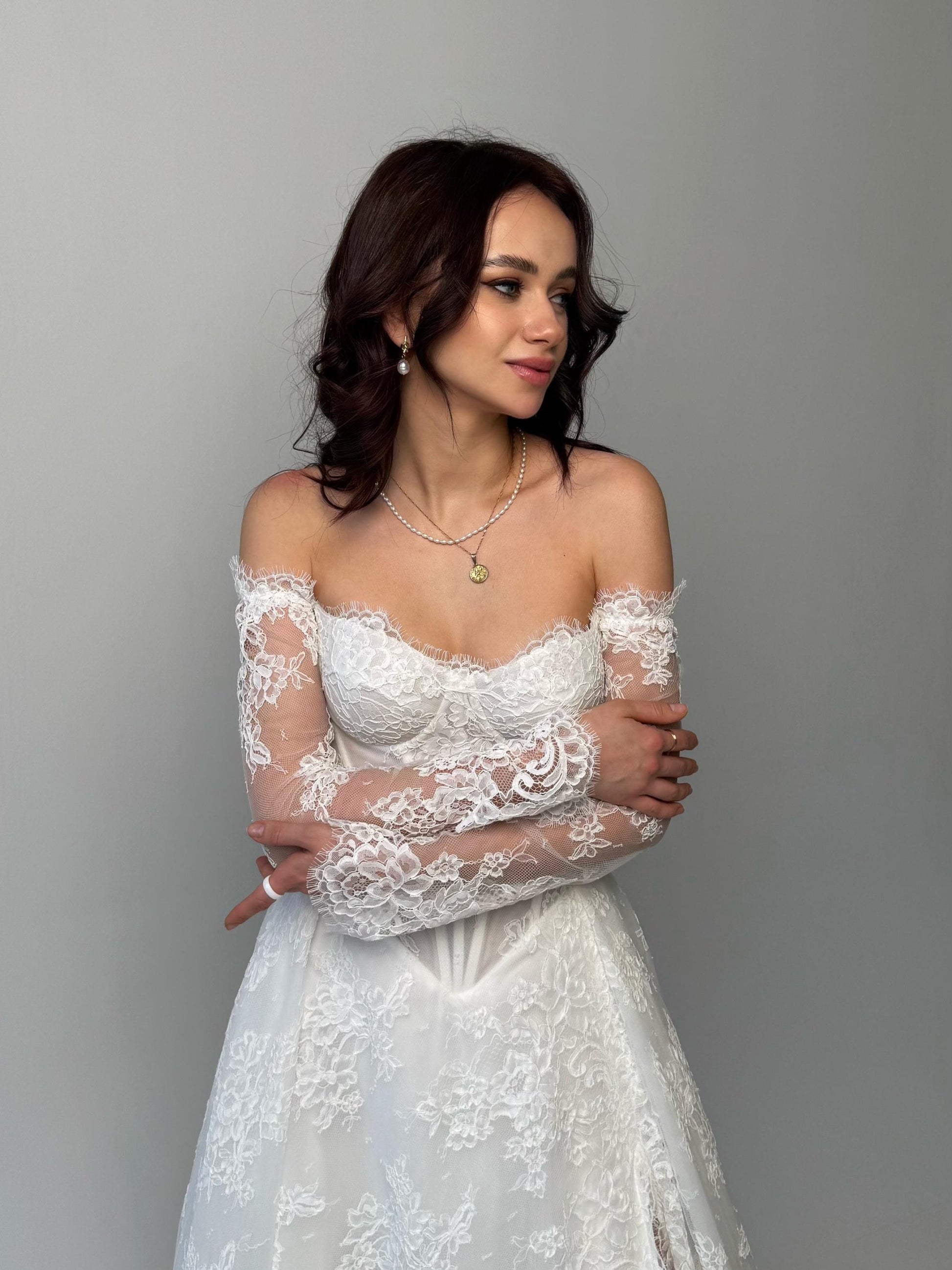 Elegant Off-Shoulder white Bridal Gown with Delicate Lace, Timeless column Wedding Dress with Corset Back and Long lace Sleeves a-line dress