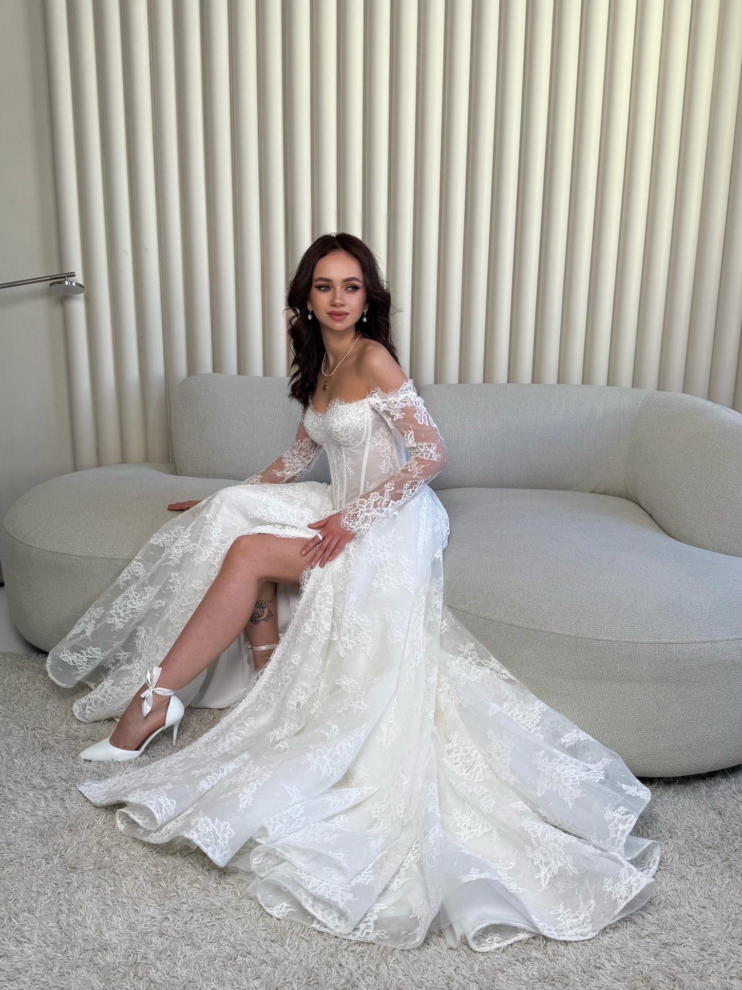 Elegant Off-Shoulder white Bridal Gown with Delicate Lace, Timeless column Wedding Dress with Corset Back and Long lace Sleeves a-line dress