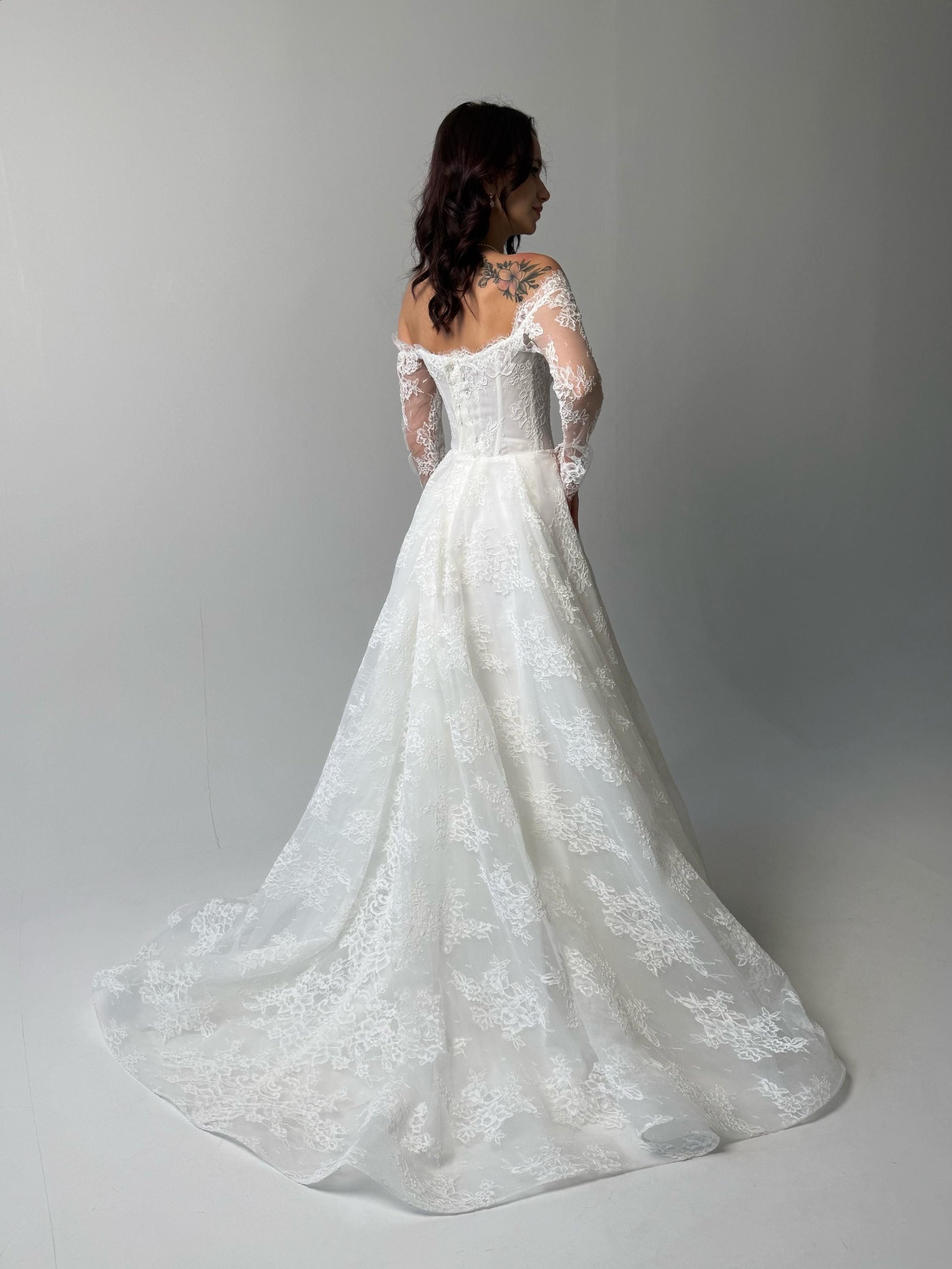 Elegant Off-Shoulder white Bridal Gown with Delicate Lace, Timeless column Wedding Dress with Corset Back and Long lace Sleeves a-line dress