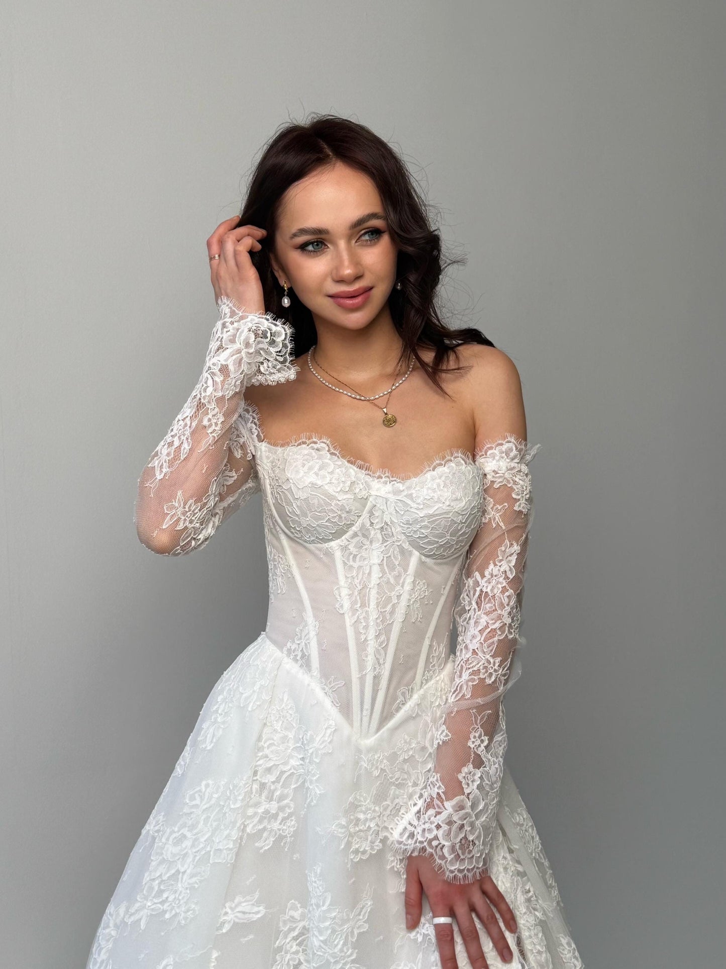 Elegant Off-Shoulder white Bridal Gown with Delicate Lace, Timeless column Wedding Dress with Corset Back and Long lace Sleeves a-line dress