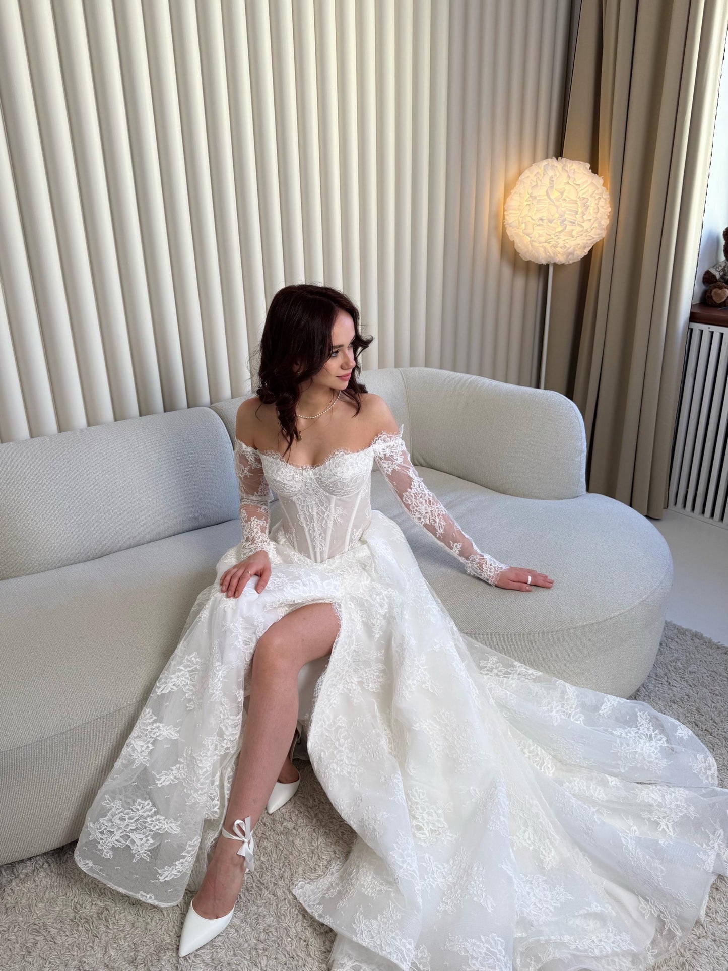 Elegant Off-Shoulder white Bridal Gown with Delicate Lace, Timeless column Wedding Dress with Corset Back and Long lace Sleeves a-line dress