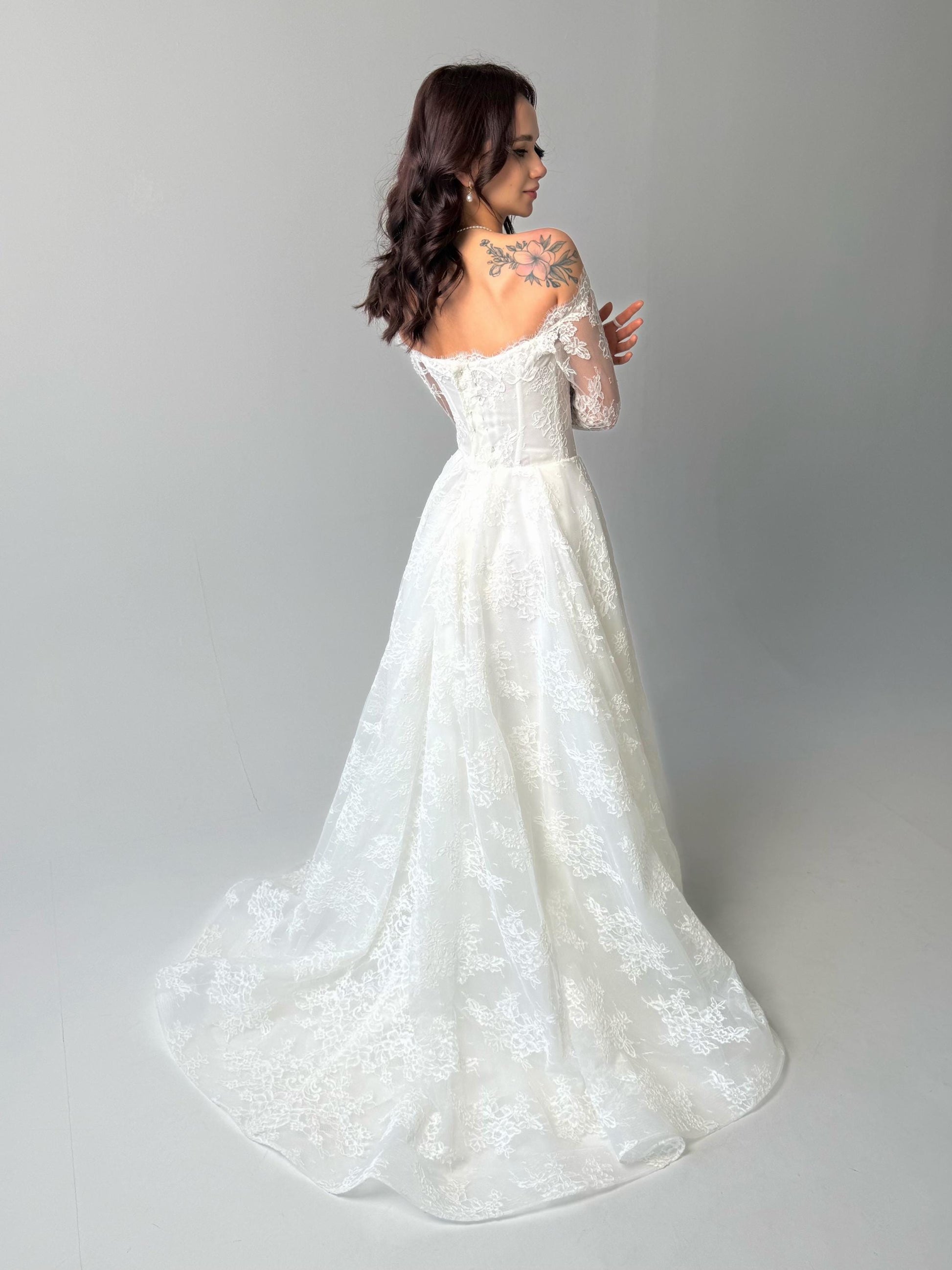 Elegant Off-Shoulder white Bridal Gown with Delicate Lace, Timeless column Wedding Dress with Corset Back and Long lace Sleeves a-line dress