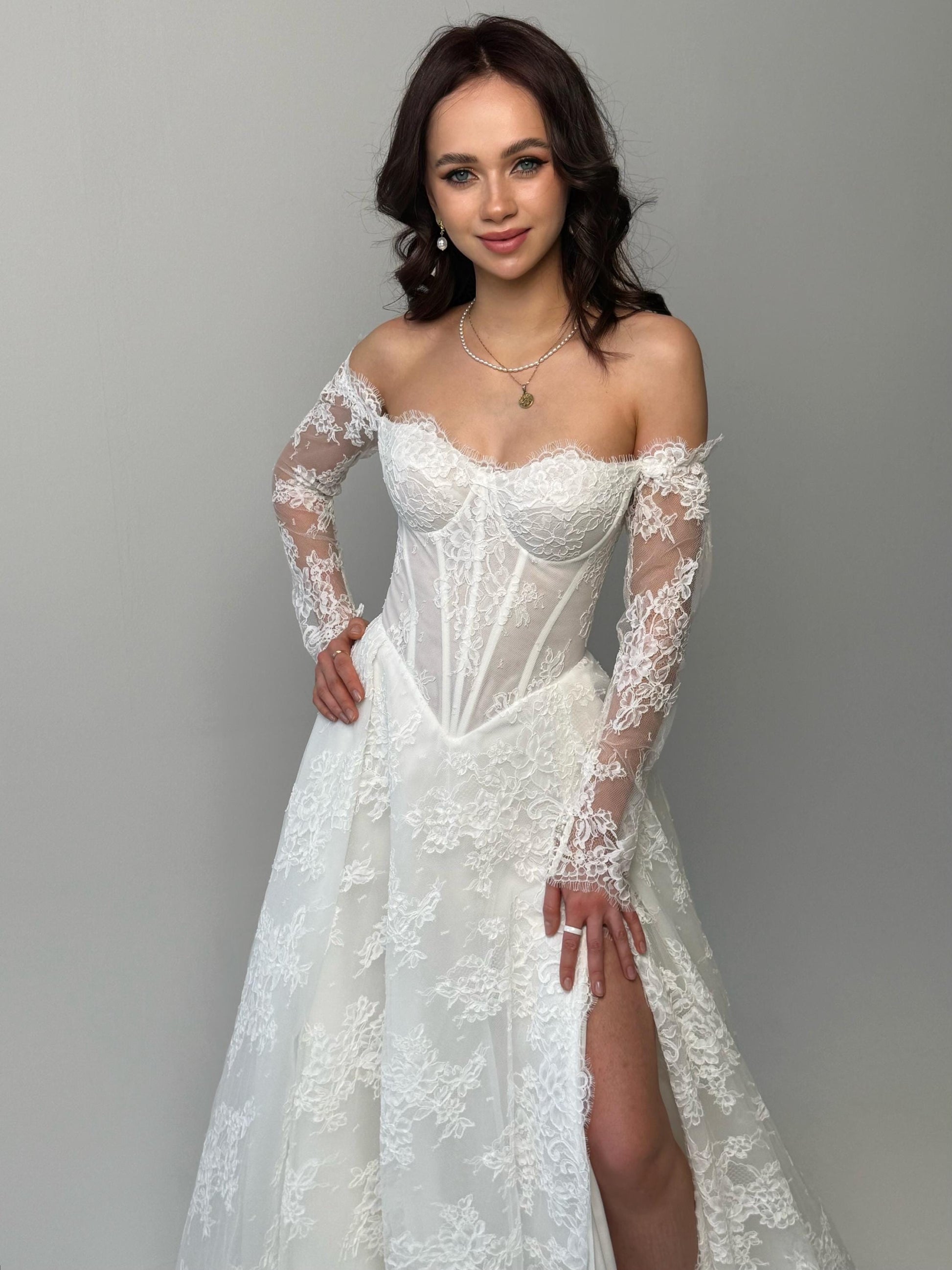 Elegant Off-Shoulder white Bridal Gown with Delicate Lace, Timeless column Wedding Dress with Corset Back and Long lace Sleeves a-line dress