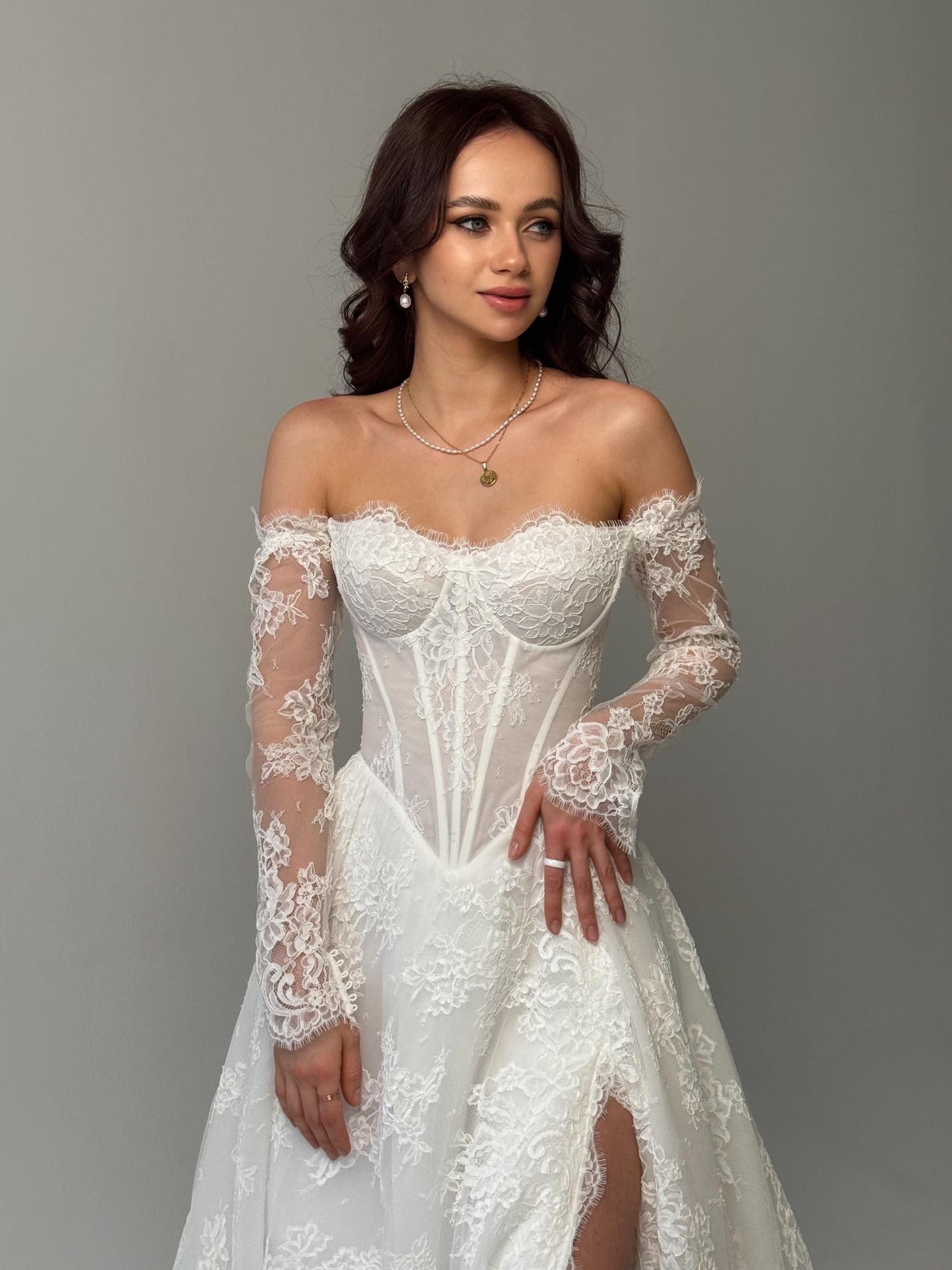 Elegant Off-Shoulder white Bridal Gown with Delicate Lace, Timeless column Wedding Dress with Corset Back and Long lace Sleeves a-line dress