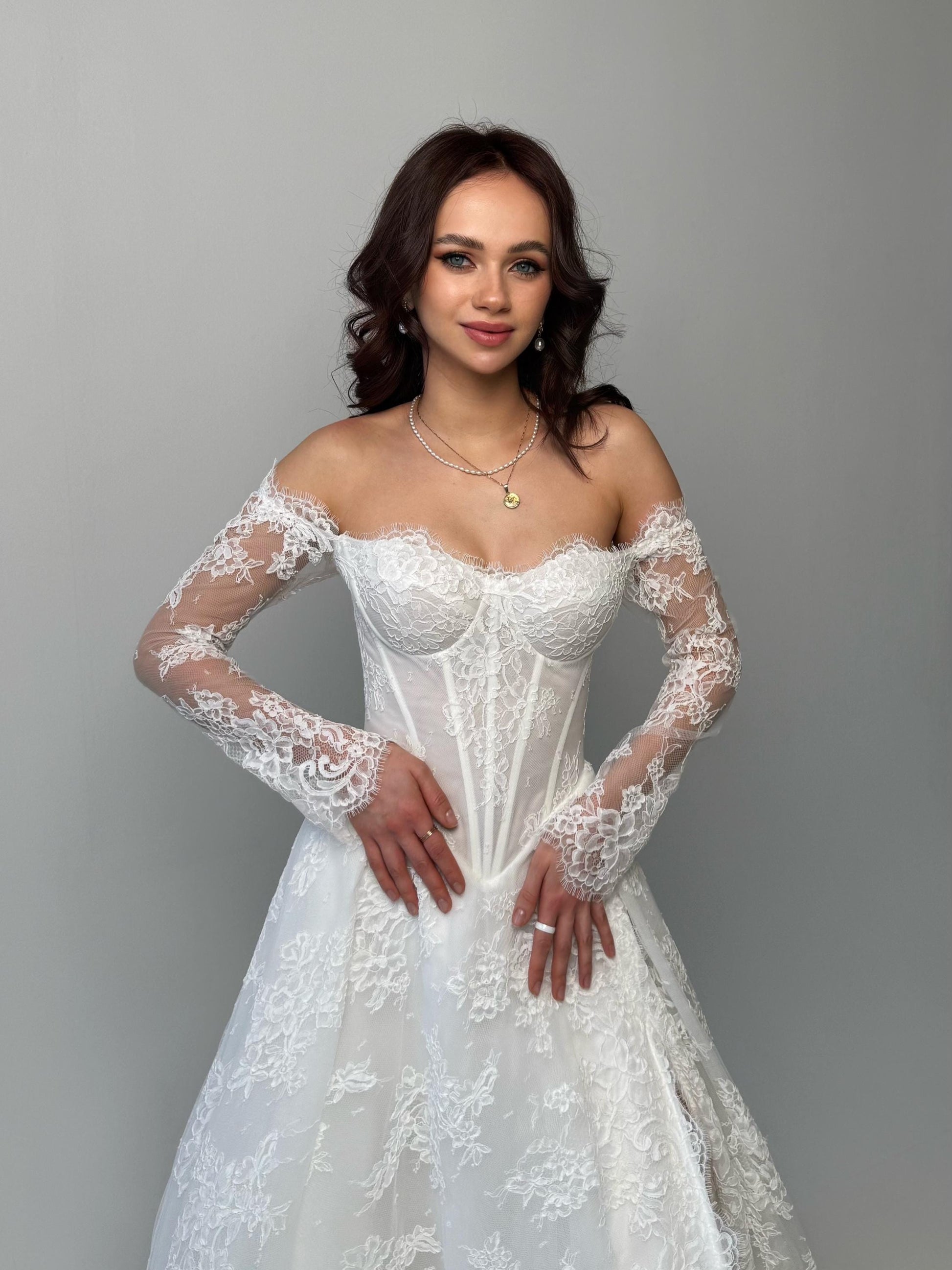 Elegant Off-Shoulder white Bridal Gown with Delicate Lace, Timeless column Wedding Dress with Corset Back and Long lace Sleeves a-line dress