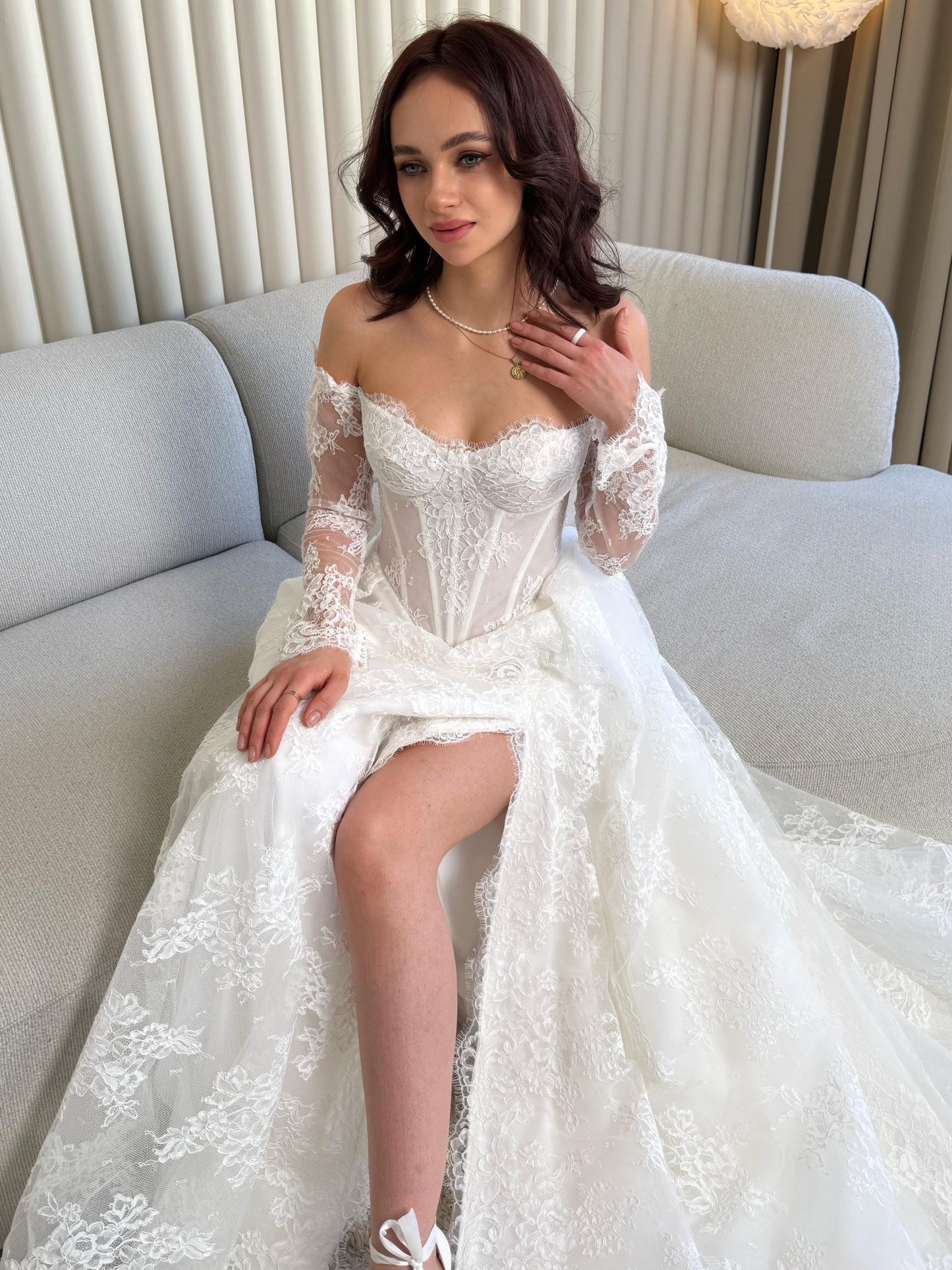 Elegant Off-Shoulder white Bridal Gown with Delicate Lace, Timeless column Wedding Dress with Corset Back and Long lace Sleeves a-line dress