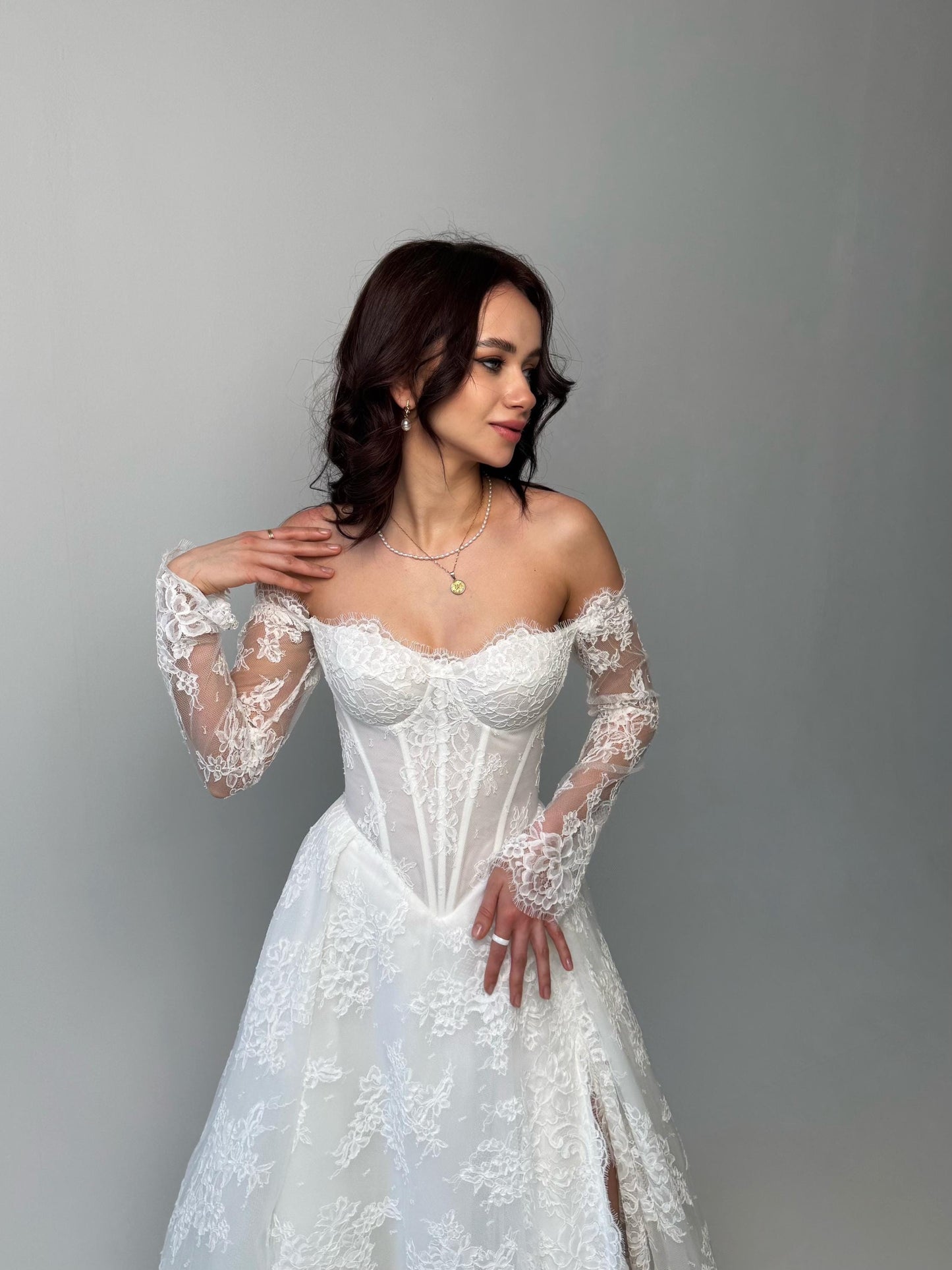 Elegant Off-Shoulder white Bridal Gown with Delicate Lace, Timeless column Wedding Dress with Corset Back and Long lace Sleeves a-line dress