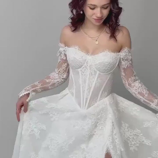 Elegant Off-Shoulder white Bridal Gown with Delicate Lace, Timeless column Wedding Dress with Corset Back and Long lace Sleeves a-line dress