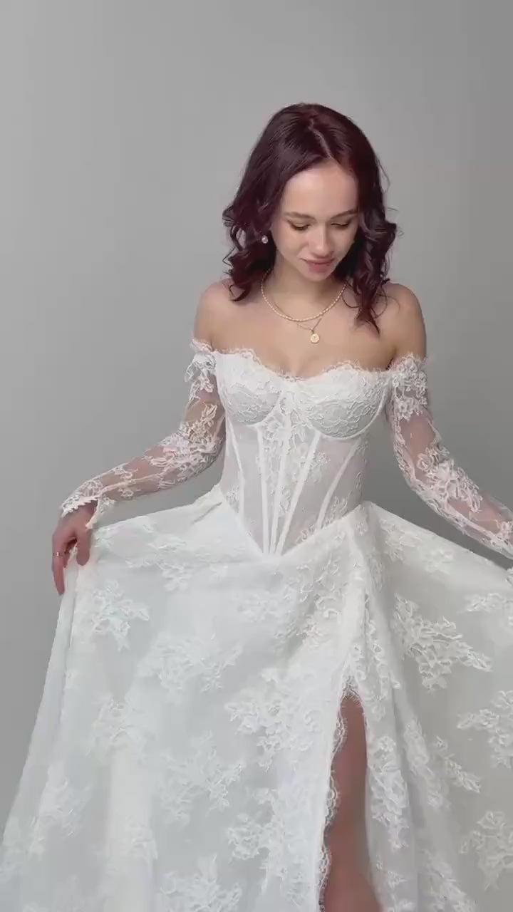 Elegant Off-Shoulder white Bridal Gown with Delicate Lace, Timeless column Wedding Dress with Corset Back and Long lace Sleeves a-line dress