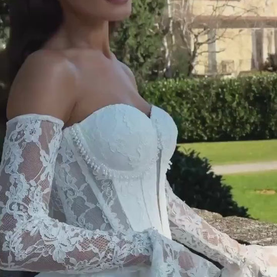 Chantilly Lace Wedding Dress • Princess Ball Gown Bridal Dress • Off Shoulder Corset Gown • Basque Waist Wedding Gown with Sleeves